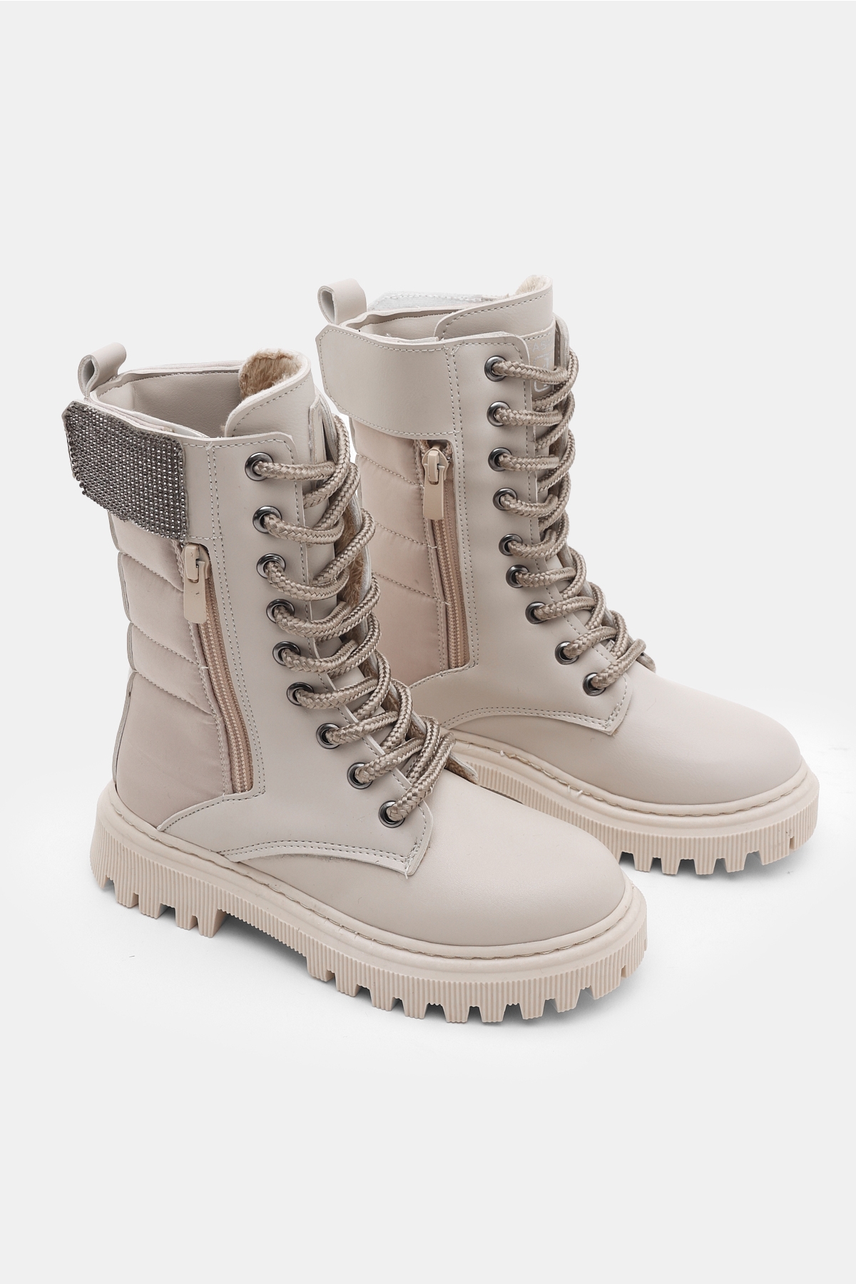 Kız Çocuk Bej Cilt Termo Taban Taş Detaylı Fermuarlı ve Bağcıklı Cırtlı Bot - Görsel 4