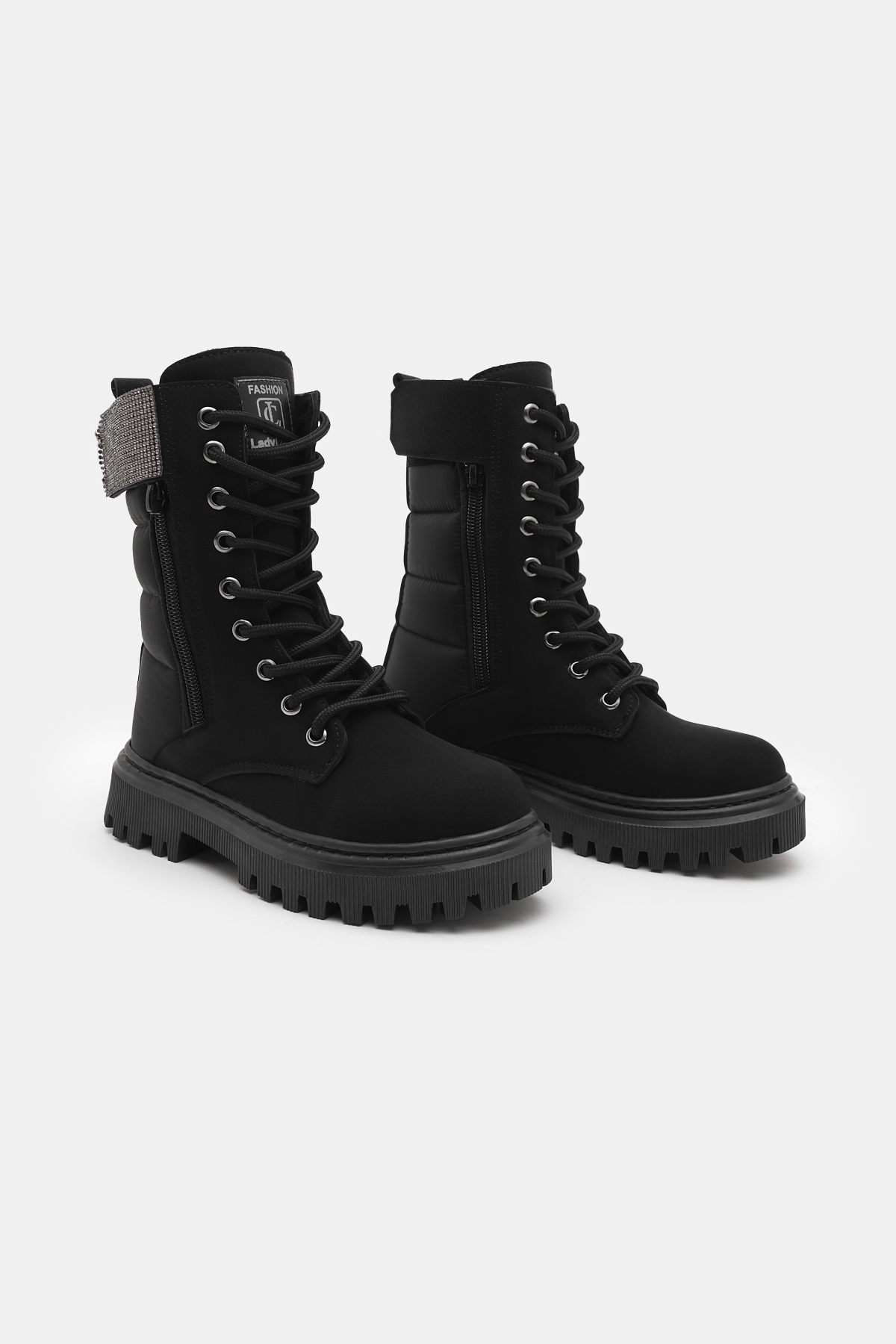 Kız Çocuk Siyah Mat Termo Taban Taş Detaylı Fermuarlı ve Bağcıklı Cırtlı Bot - Görsel 4