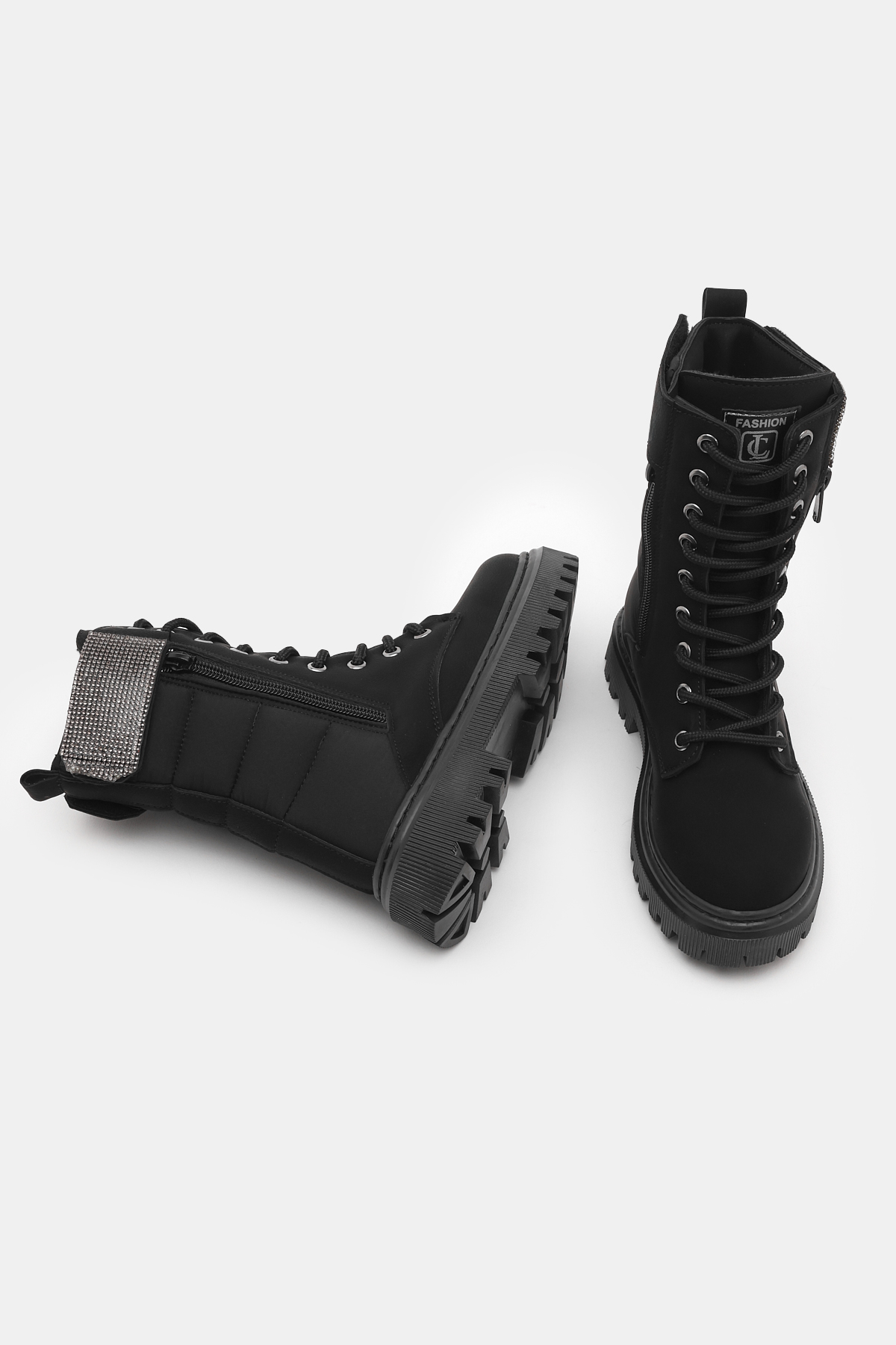 Kız Çocuk Siyah Mat Termo Taban Taş Detaylı Fermuarlı ve Bağcıklı Cırtlı Bot - Görsel 6