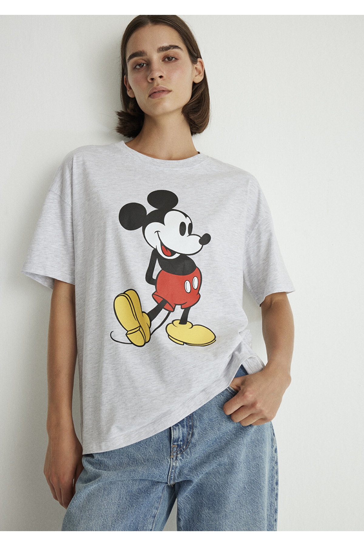 Mickey Mouse Baskılı Gri Tişört