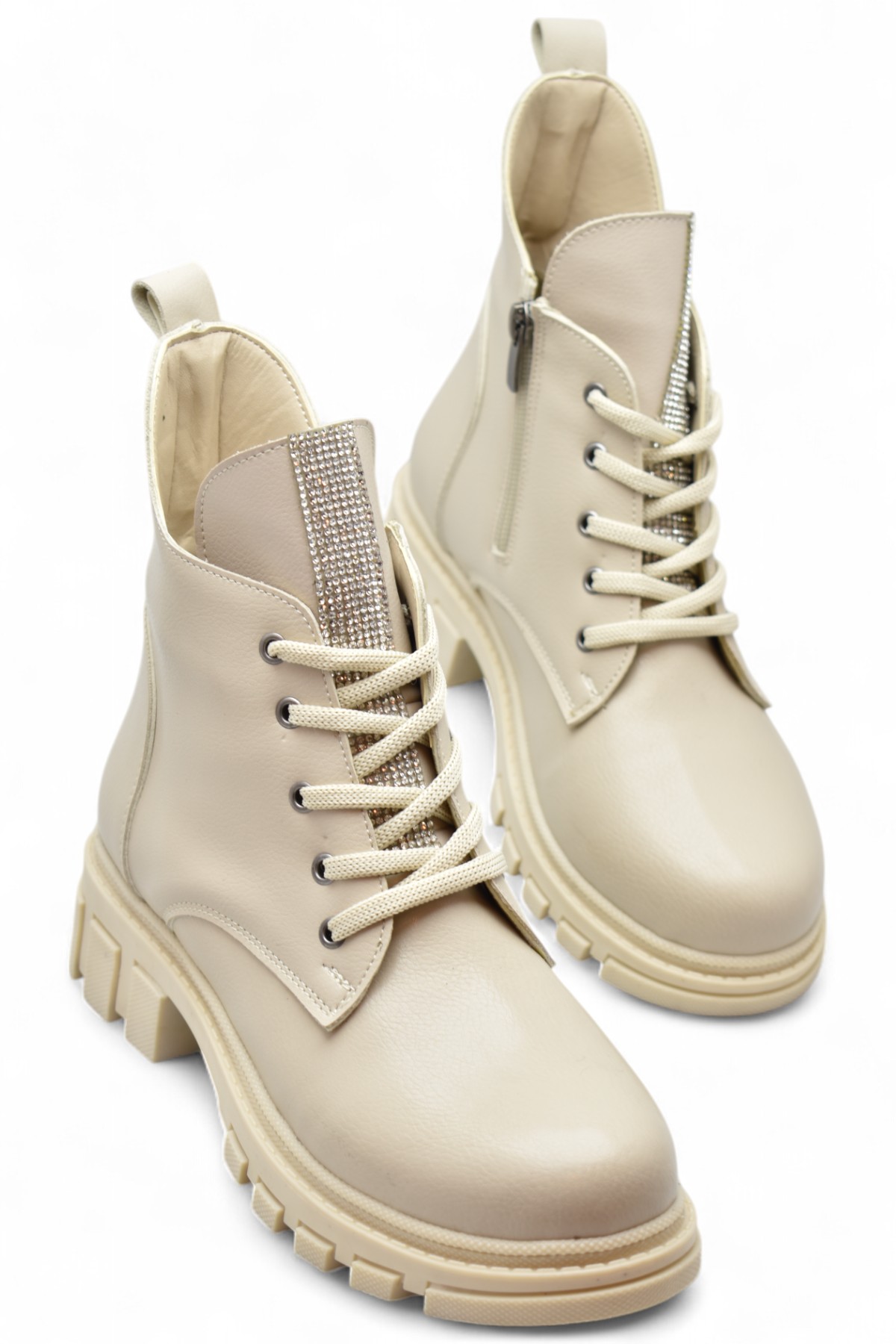 886 Bağcıklı Fermuarlı Günlük Kadın Bot Ayakkabı Kışlık Taşlı Kadın Bot - Görsel 2