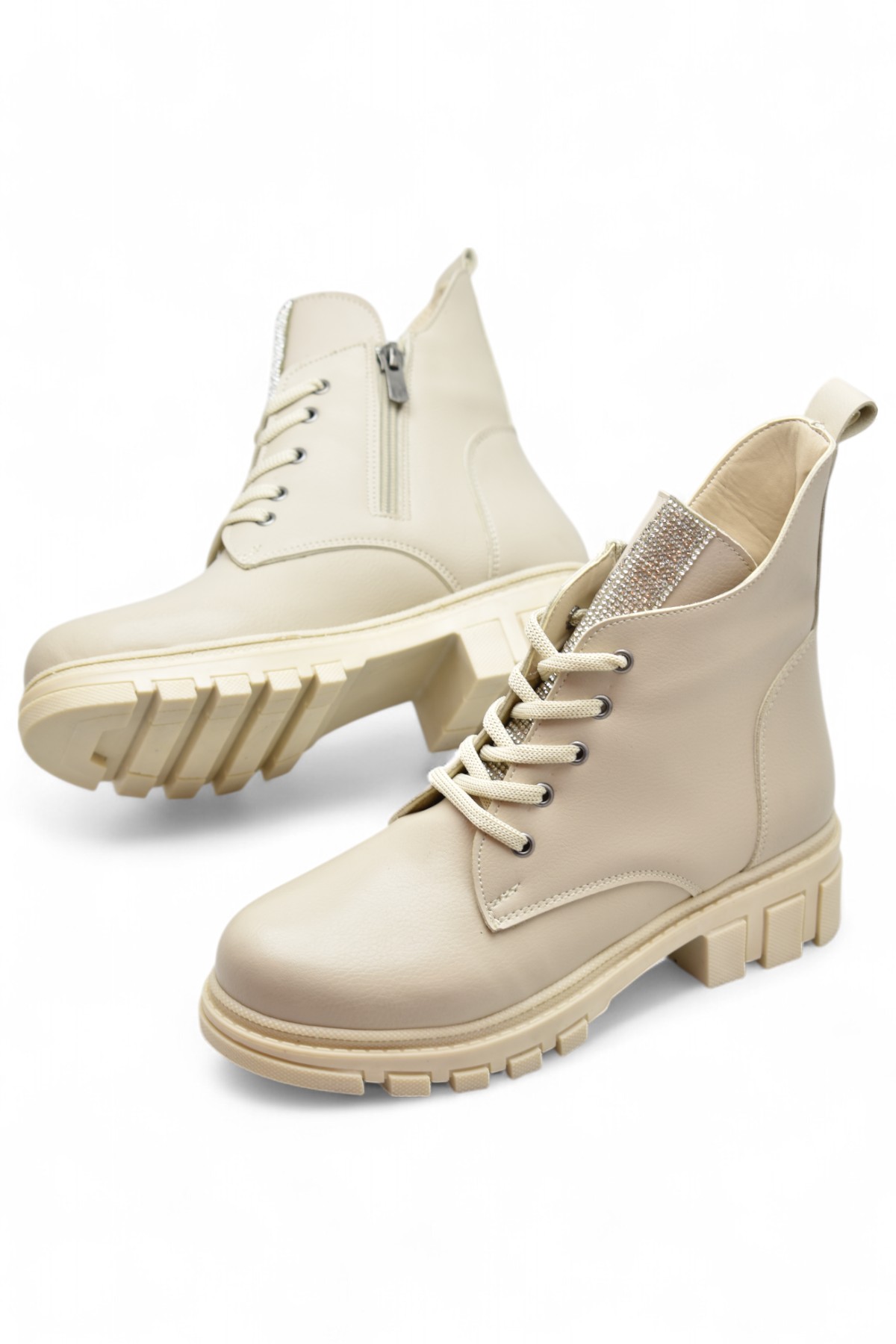 886 Bağcıklı Fermuarlı Günlük Kadın Bot Ayakkabı Kışlık Taşlı Kadın Bot - Görsel 3