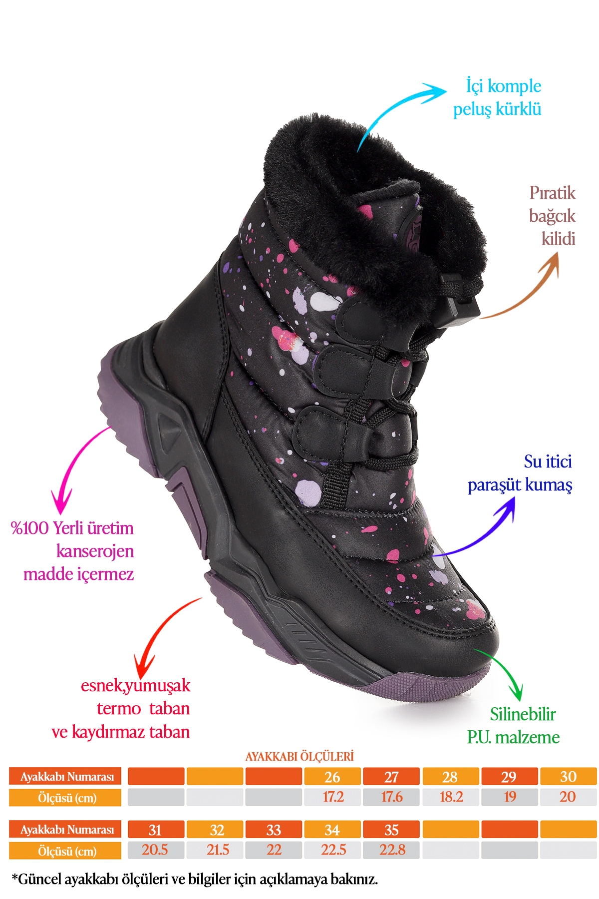 Bambu Bağcıklı Kız Çocuk Kar Botu Siyah - Pembe - Görsel 3