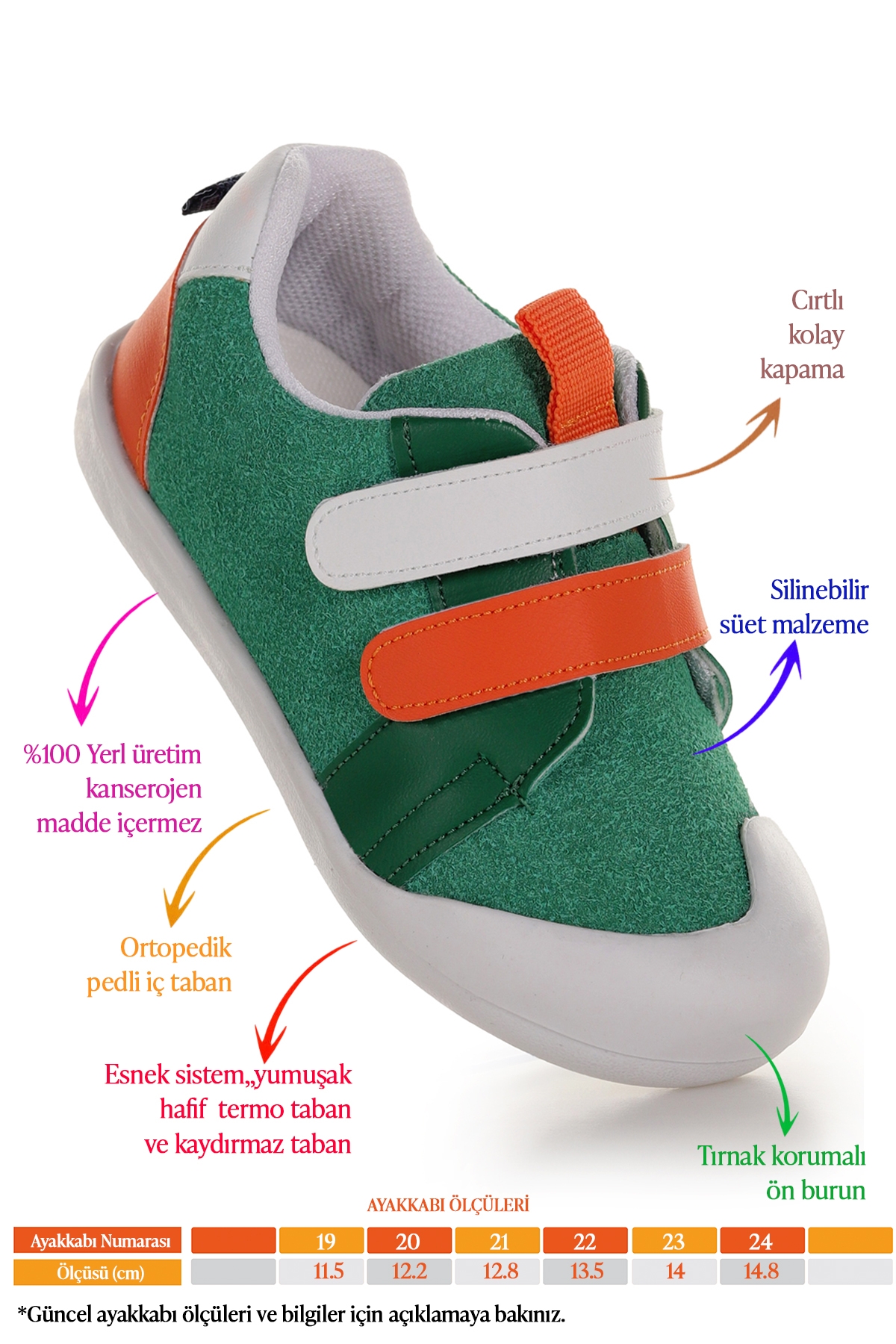 Şifu İlk Adım Cırtlı Erkek Bebek Spor Ayakkabı Yeşil - Turuncu - Görsel 3