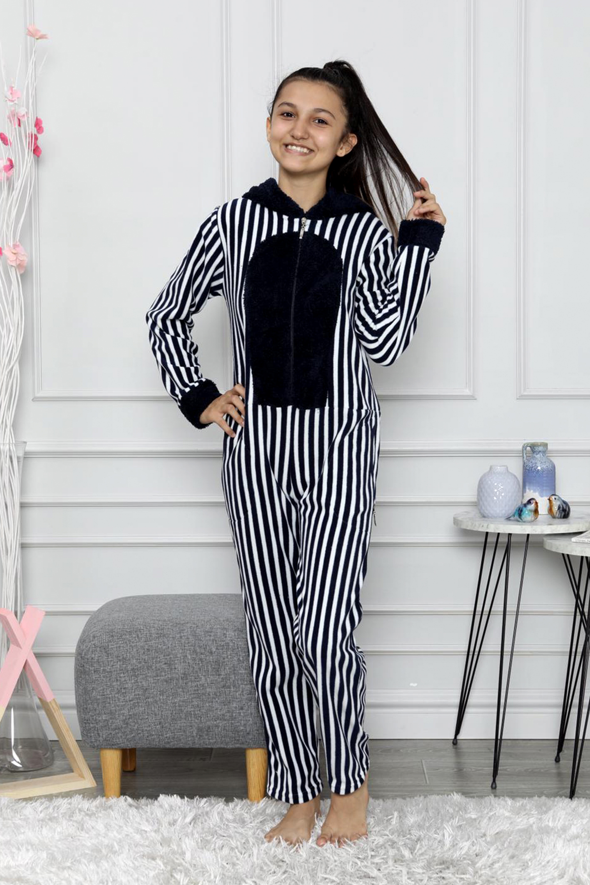 Desenli Kışlık Kız Çocuk Polar Tulum Pijama Takımı