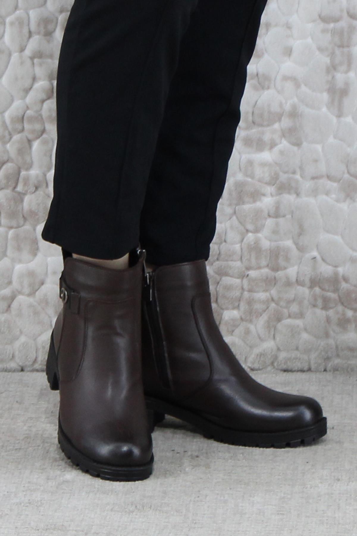 32822 Kahve Orijinal Hakiki Deri İçi Kürklü Kaymaz Taban Kadın Bot - Görsel 3