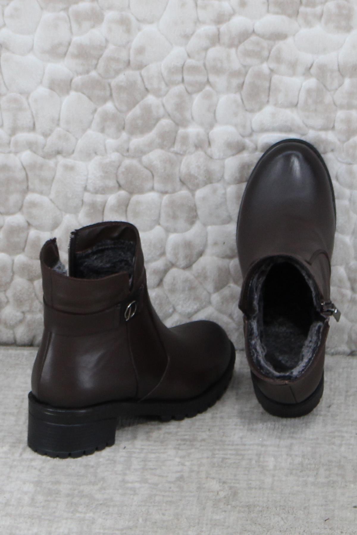 32822 Kahve Orijinal Hakiki Deri İçi Kürklü Kaymaz Taban Kadın Bot - Görsel 6