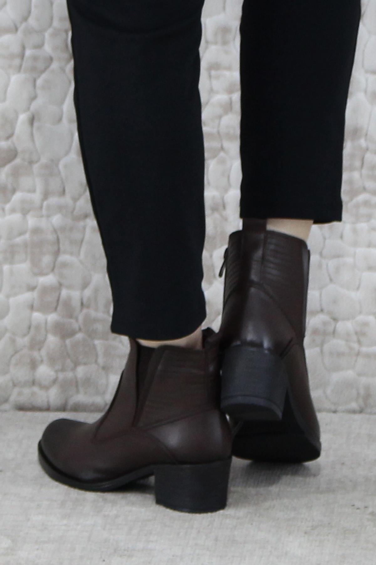 42835 Kahve Orijinal Hakiki Deri Sıcak Astar Kaymaz Taban Kadın Bot - Görsel 5