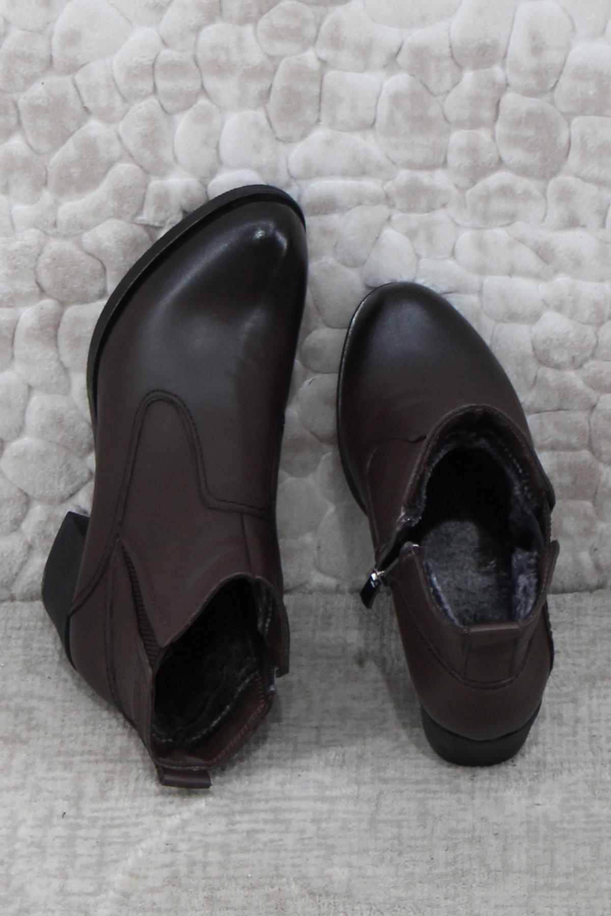 42835 Kahve Orijinal Hakiki Deri Sıcak Astar Kaymaz Taban Kadın Bot - Görsel 6