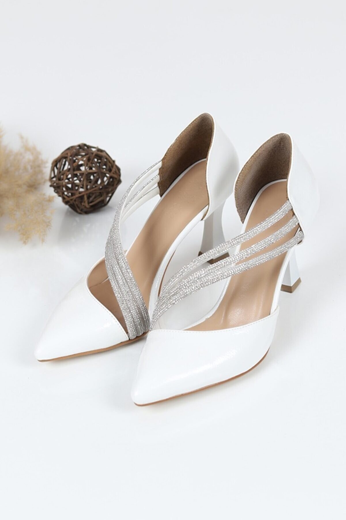 140 Üç Şerit Taşlı Abiye Kadın Topuklu Ayakkabı Stiletto - Görsel 3