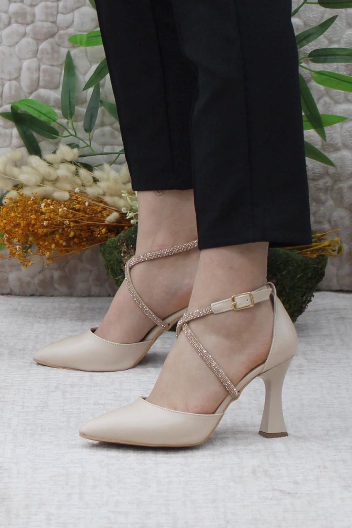 18-444 Çapraz Şerit Taşlı Abiye Kadın Topuklu Ayakkabı Stiletto - Görsel 3