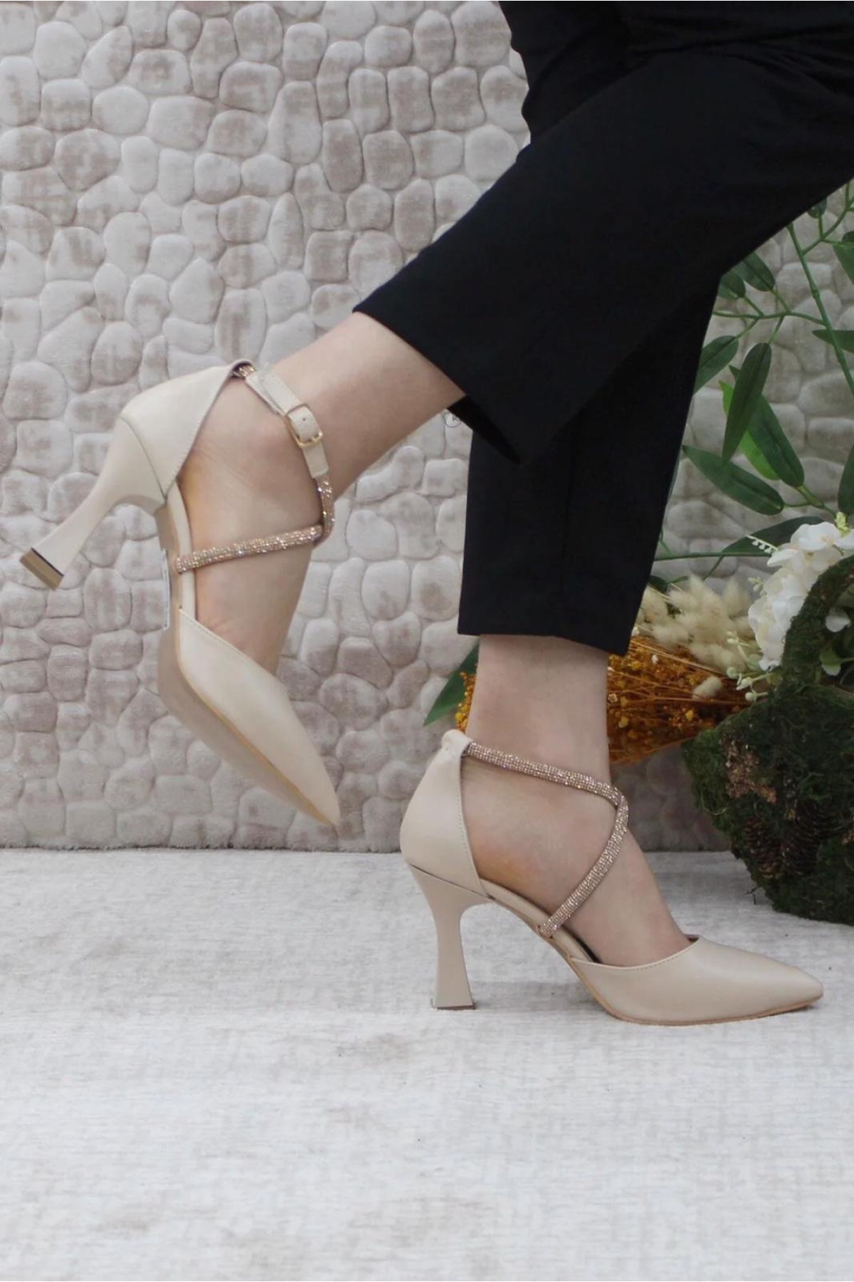 18-444 Çapraz Şerit Taşlı Abiye Kadın Topuklu Ayakkabı Stiletto - Görsel 4