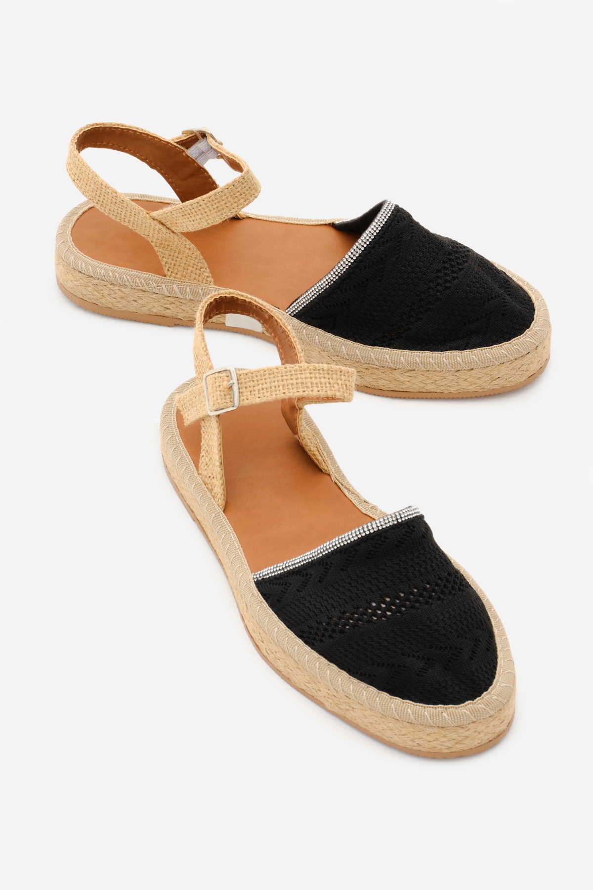 Kadın Siyah Önü Kapalı Bilekten Bağlamaı Hasır Triko Sandalet - Görsel 4
