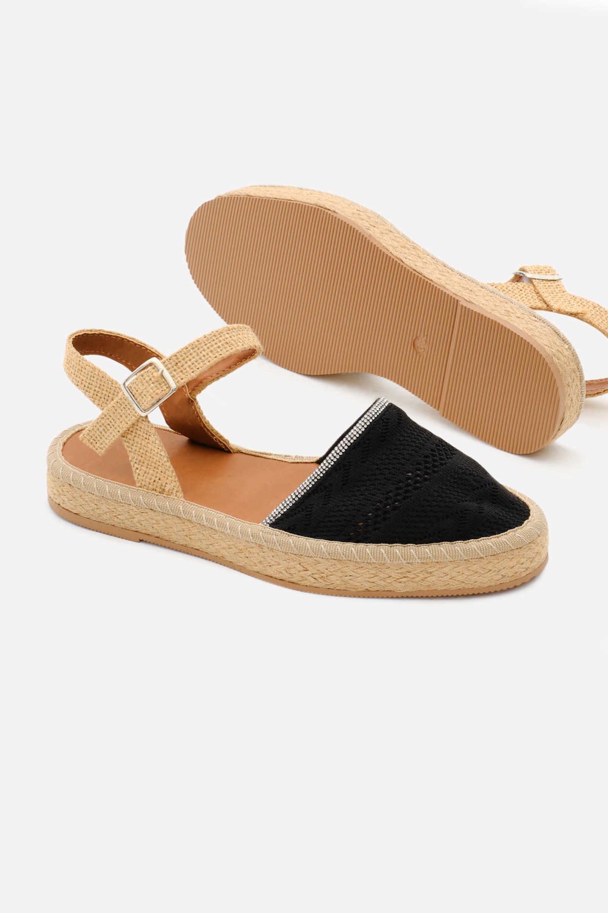 Kadın Siyah Önü Kapalı Bilekten Bağlamaı Hasır Triko Sandalet - Görsel 5
