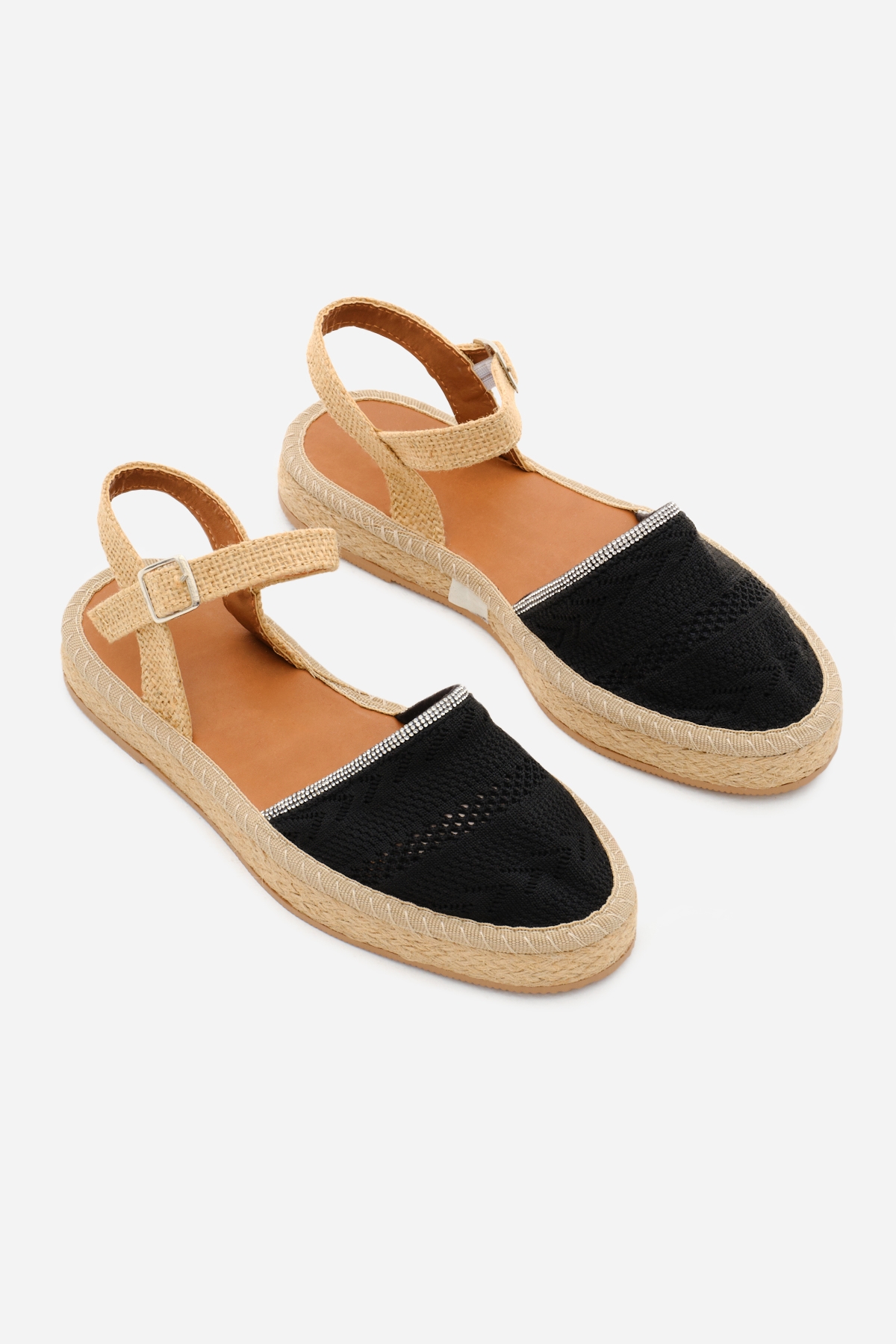 Kadın Siyah Önü Kapalı Bilekten Bağlamaı Hasır Triko Sandalet - Görsel 6