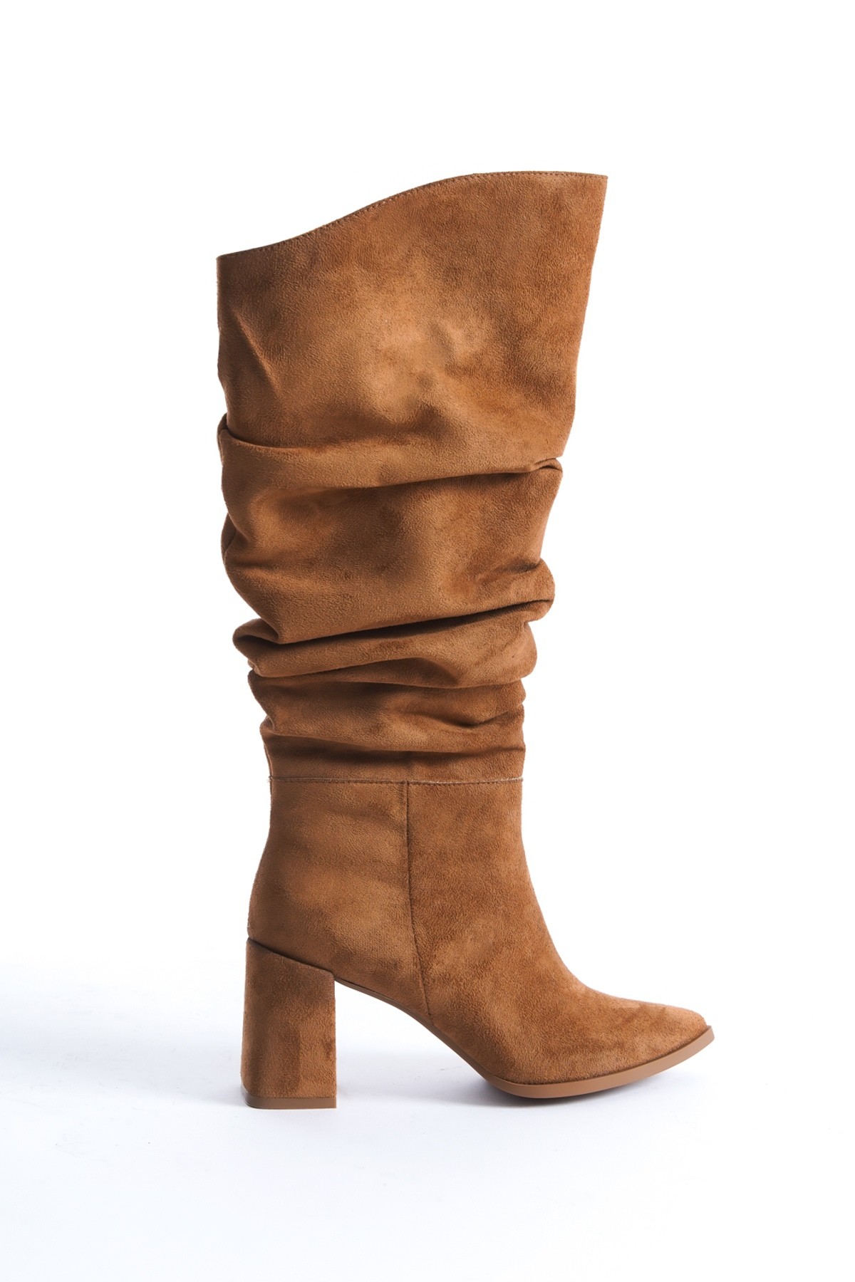 Kc Taba Süet Kalın Topuklu Kürüklü Kırışık Çizme - Görsel 5