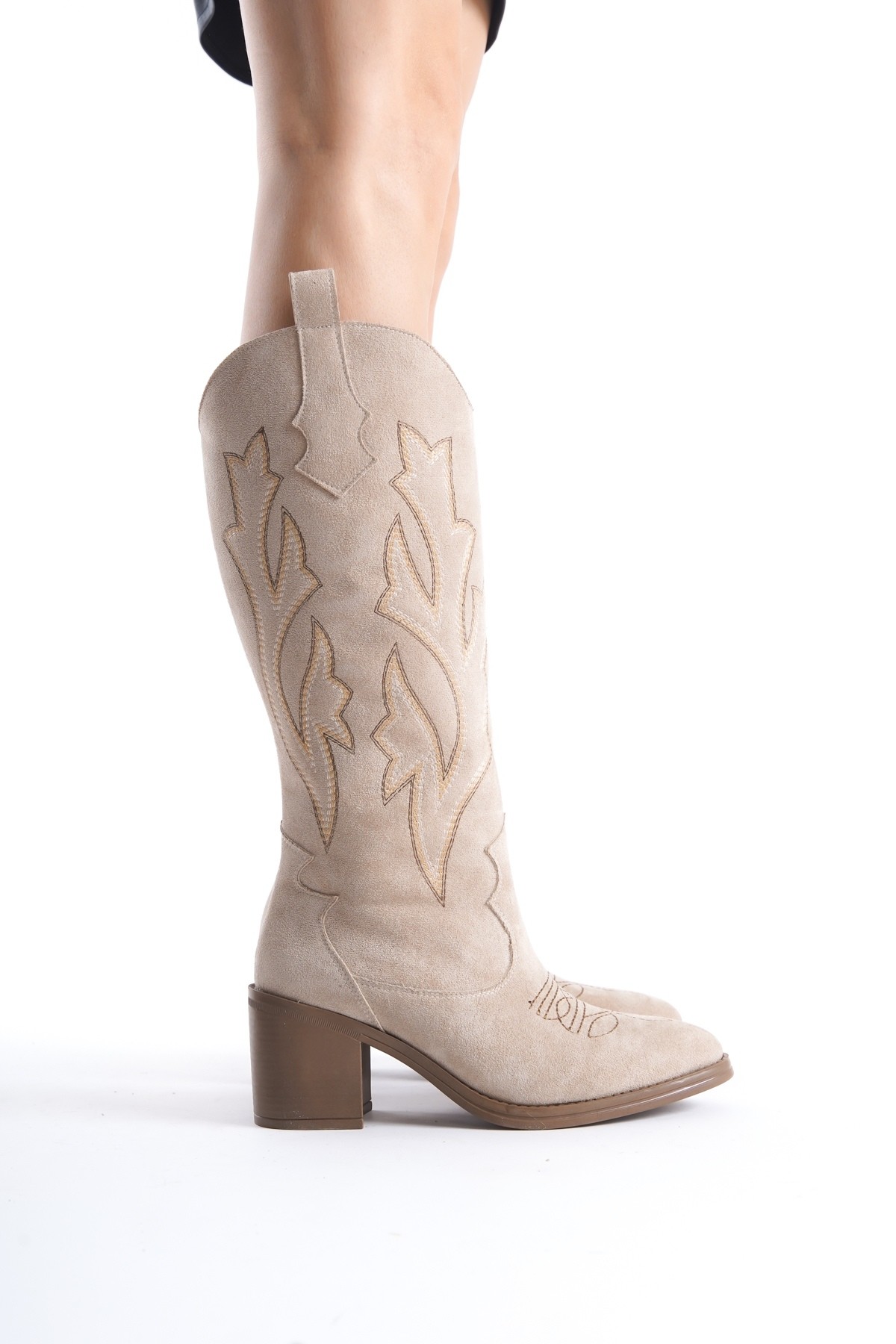 Cazal Ten Süet Topuklu Çizme Nakışlı Western Çizme - Görsel 4