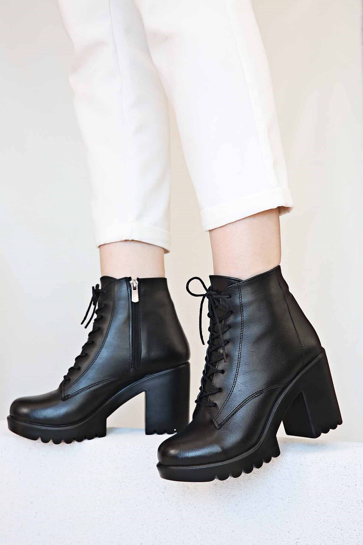 Bağcıklı Kadın Topuklu Bot SİYAH CİLT - Görsel 4