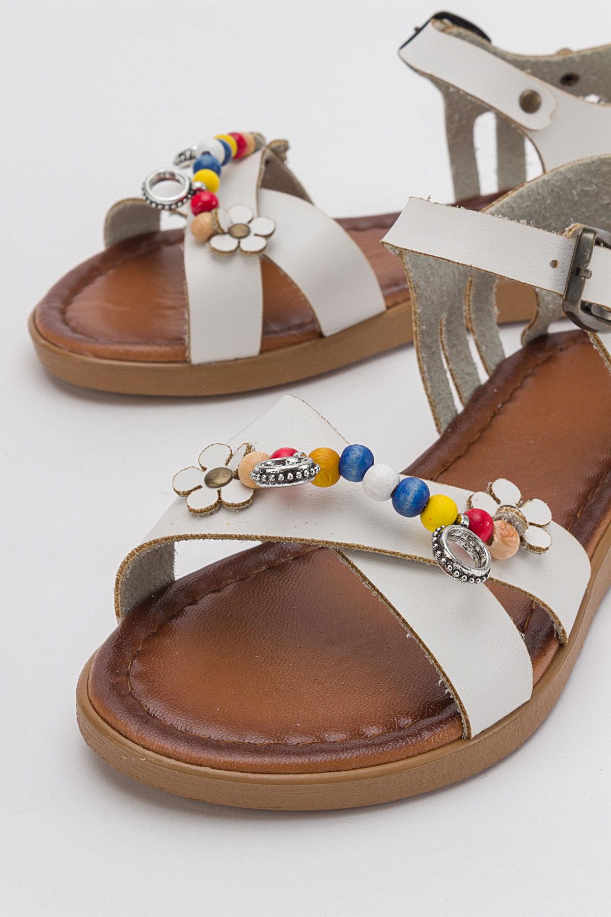 Boncuklu Kadın Sandalet BEYAZ CİLT - Görsel 4