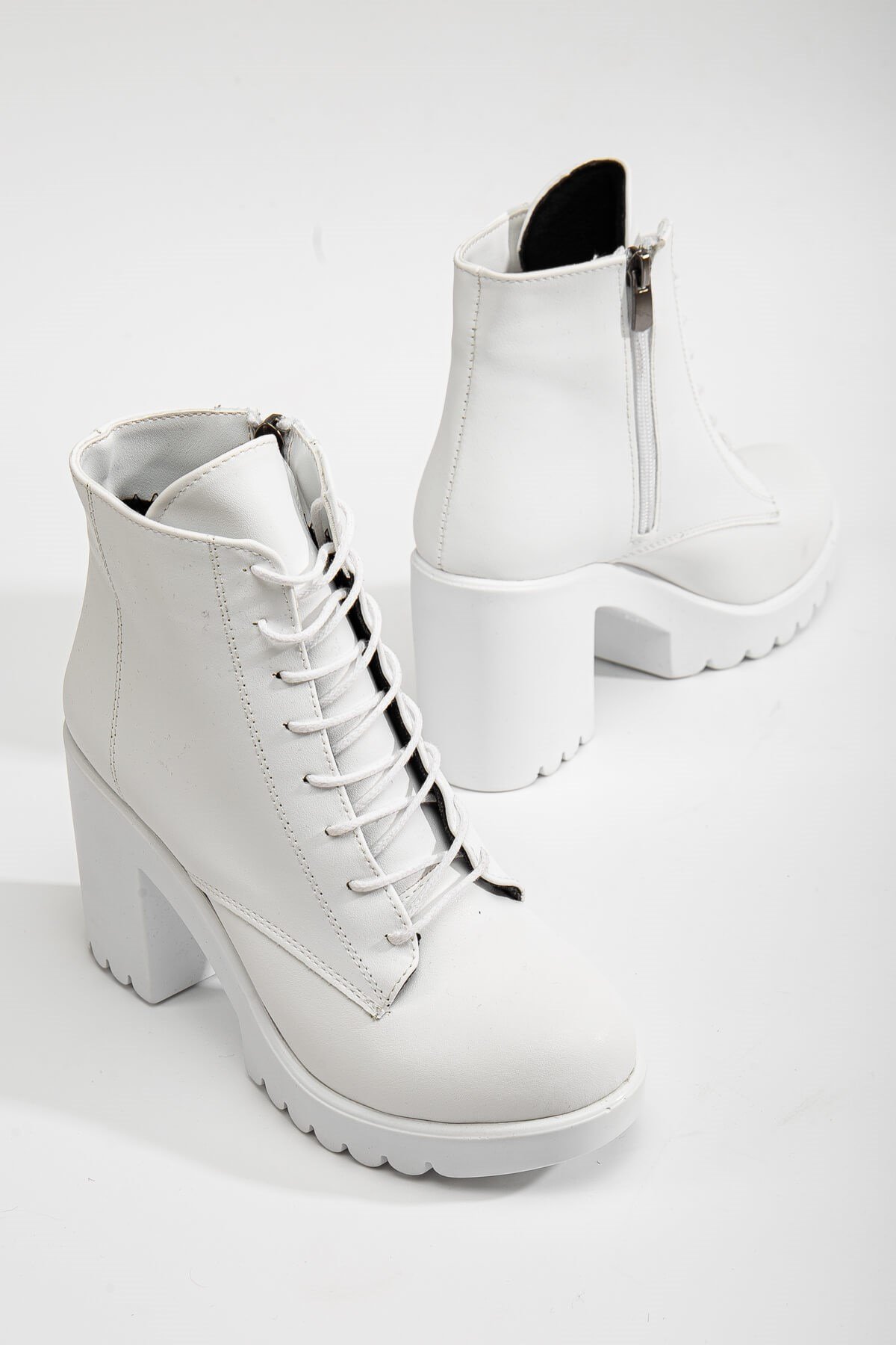 Bağcıklı Kadın Topuklu Bot BEYAZ CİLT BEYAZ - Görsel 3