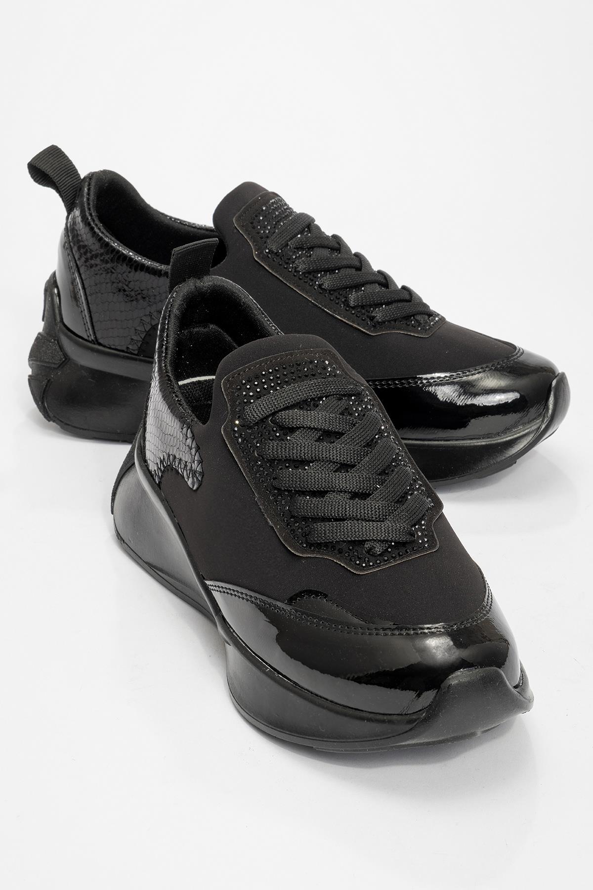 Kadın Bağcıklı Taşlı Streç Spor Ayakkabı SİYAH - Görsel 3