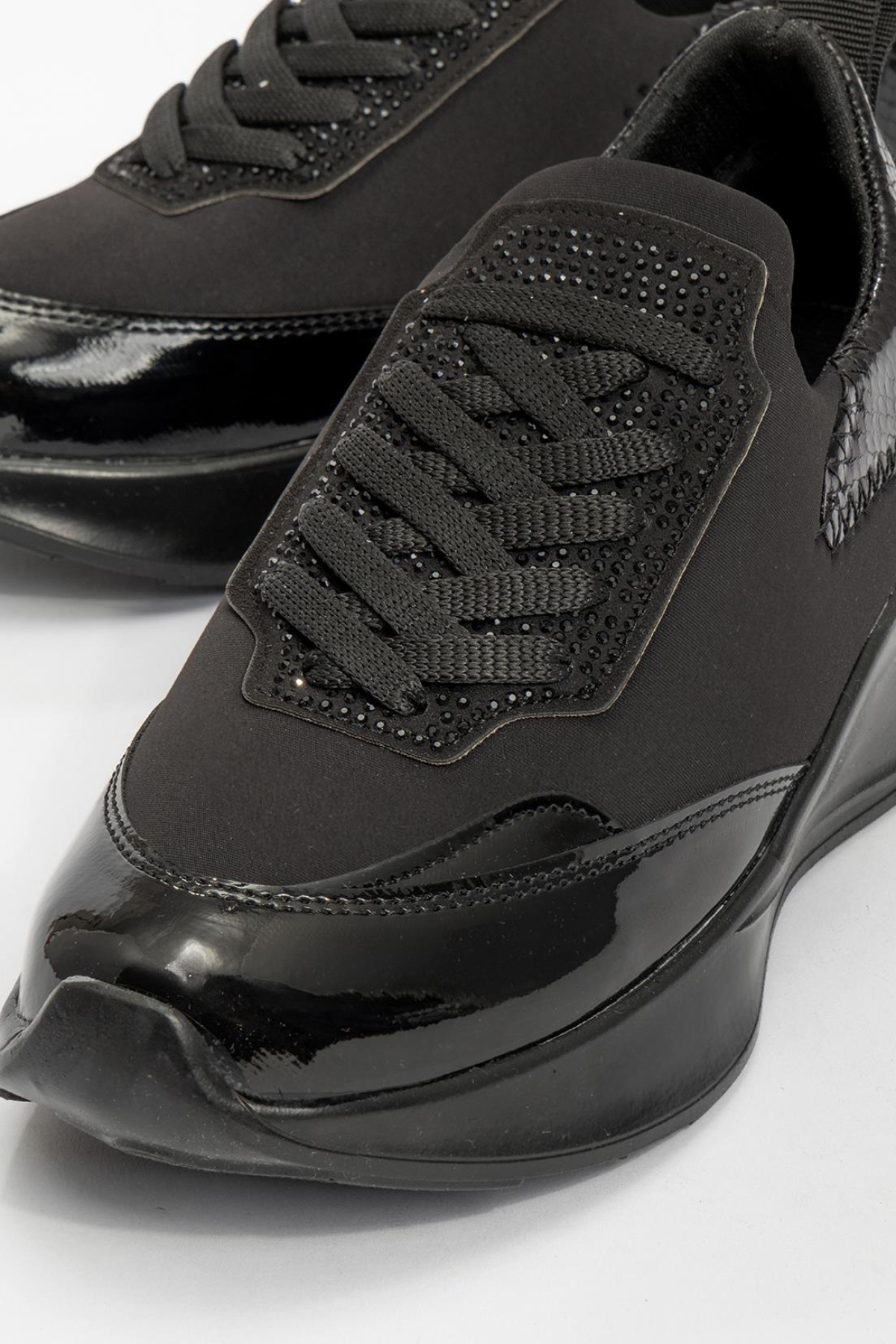 Kadın Bağcıklı Taşlı Streç Spor Ayakkabı SİYAH - Görsel 4