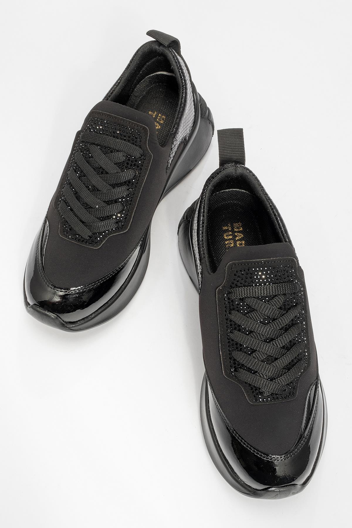 Kadın Bağcıklı Taşlı Streç Spor Ayakkabı SİYAH - Görsel 6