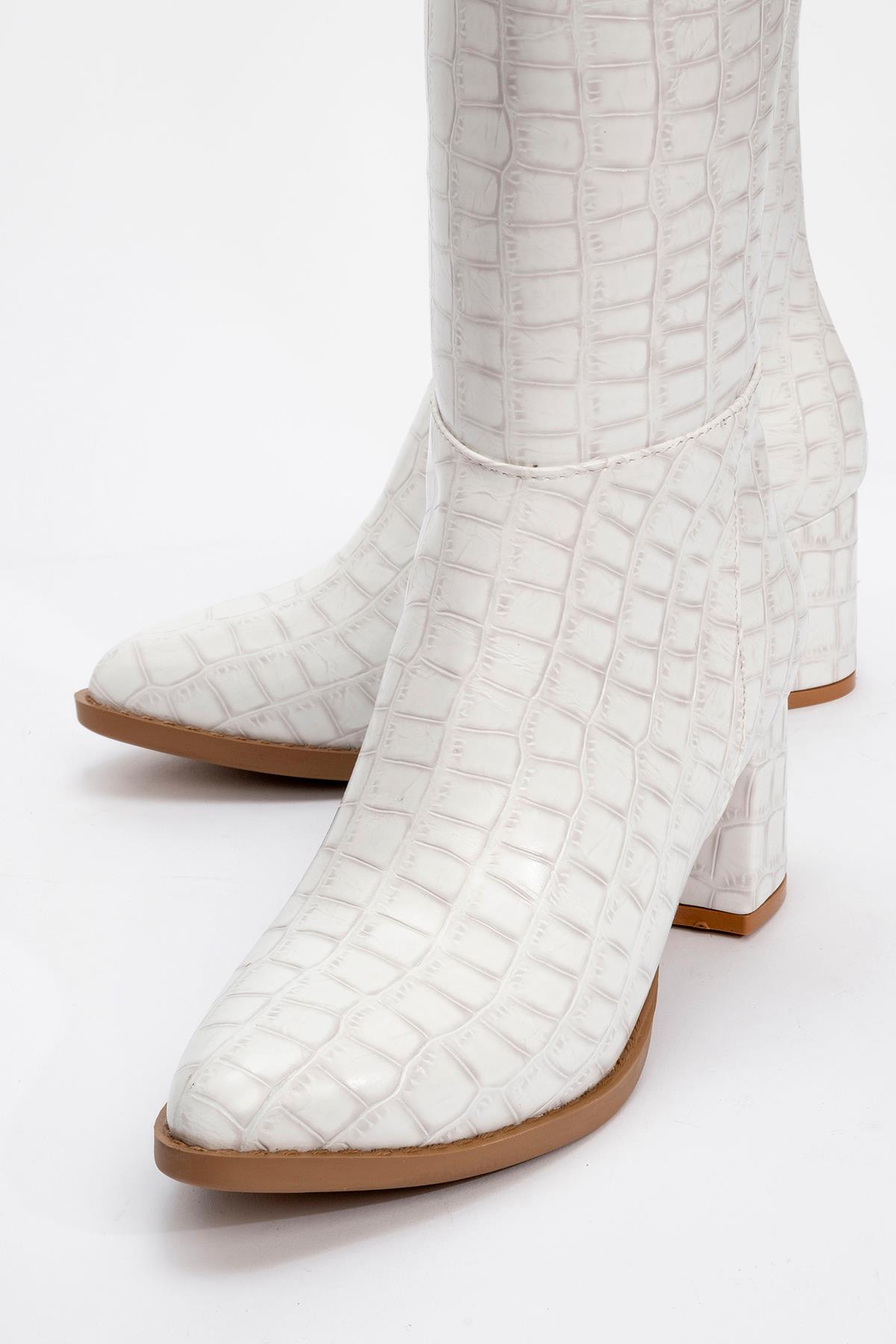 Topuklu Kadın Çizme BEYAZ KROKO - Görsel 4