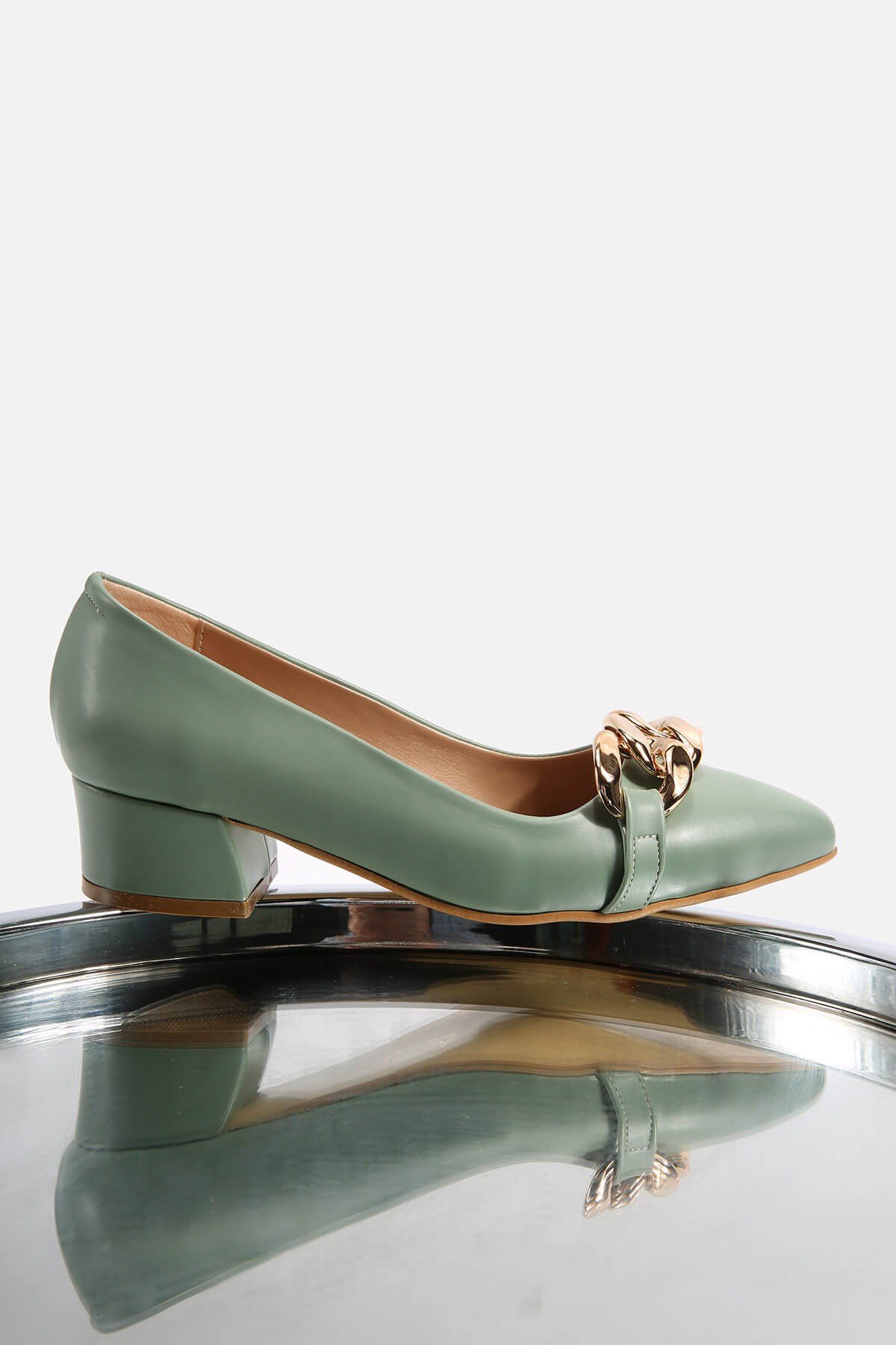 Kadın Zincirli Günlük Topuklu Ayakkabı MİNT YEŞİLİ CİLT - Görsel 2