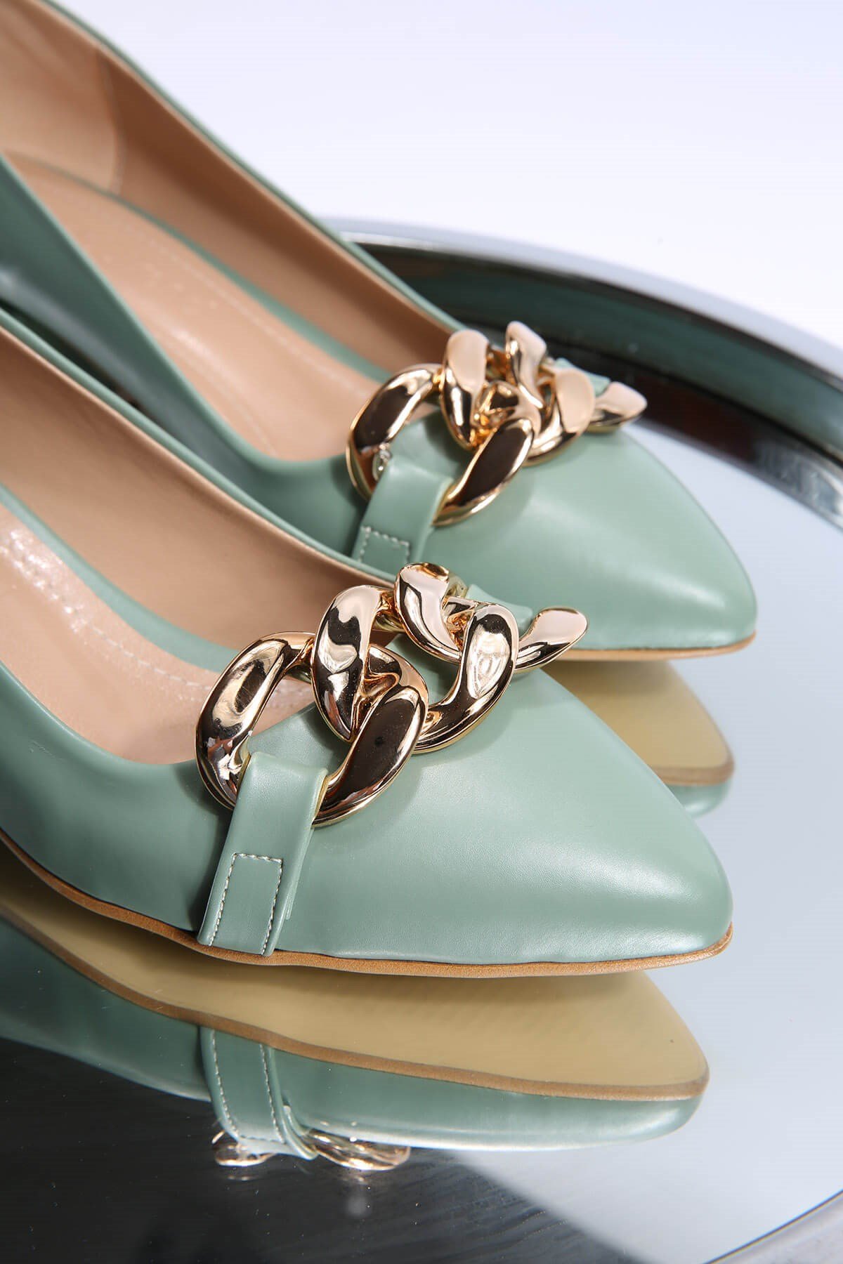 Kadın Zincirli Günlük Topuklu Ayakkabı MİNT YEŞİLİ CİLT - Görsel 5