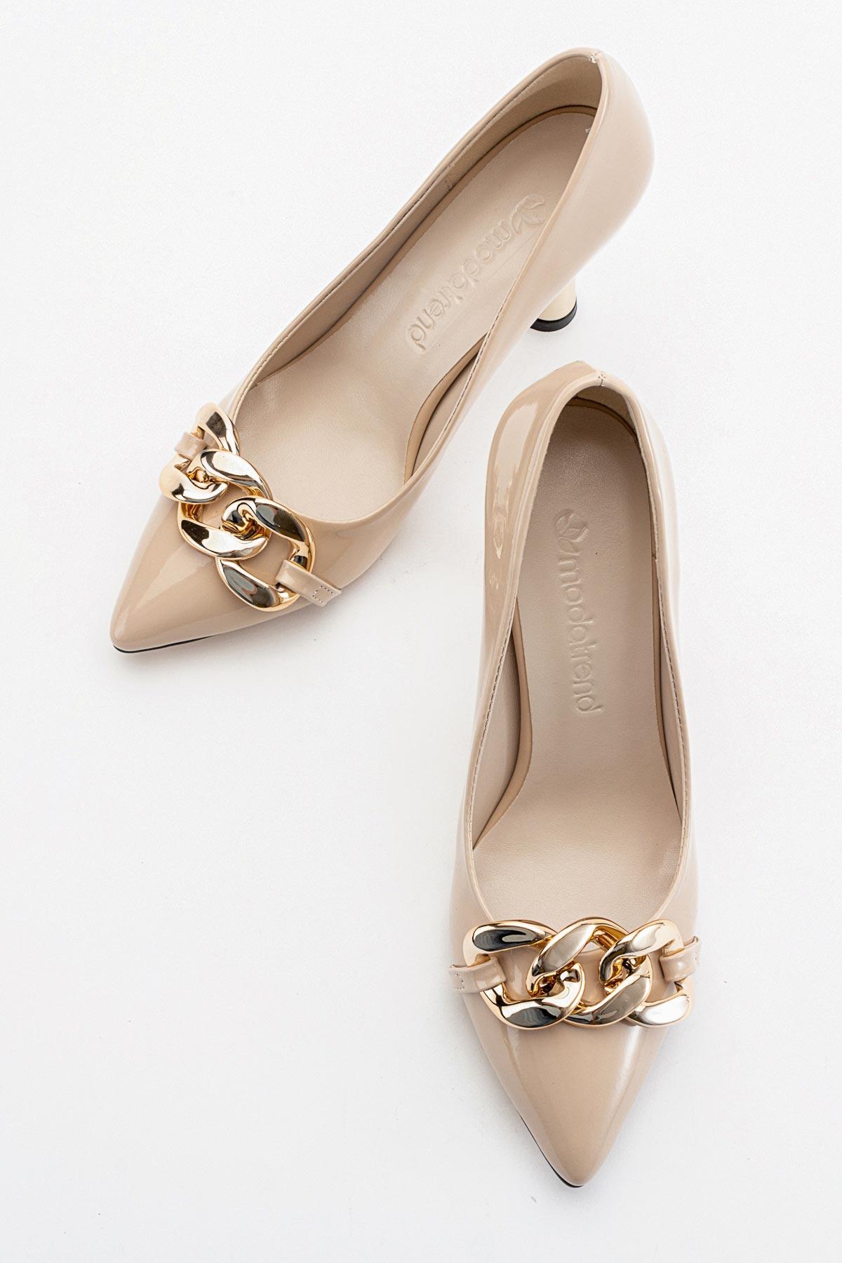 Kadın Zincirli Topuklu Ayakkabı BEJ RUGAN - Görsel 6