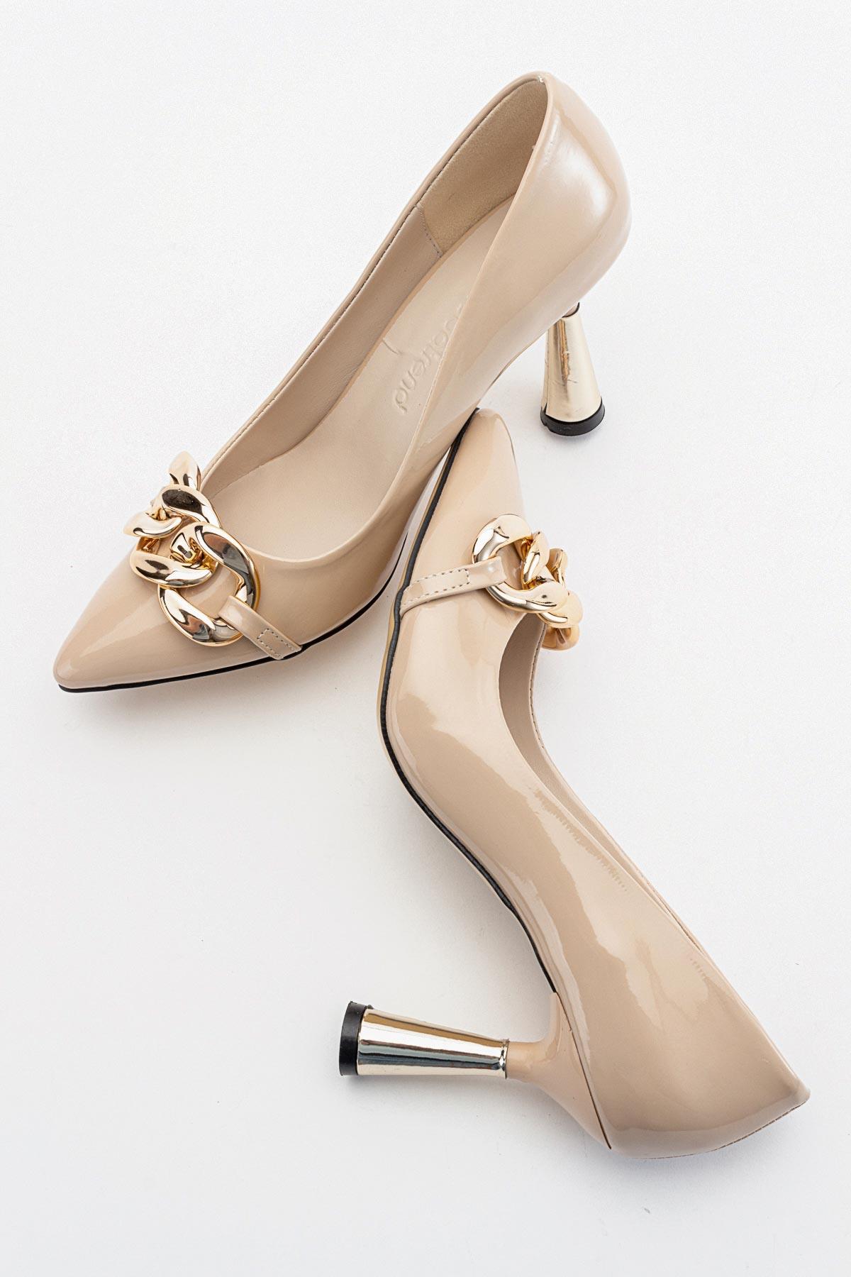 Kadın Zincirli Topuklu Ayakkabı BEJ RUGAN - Görsel 7