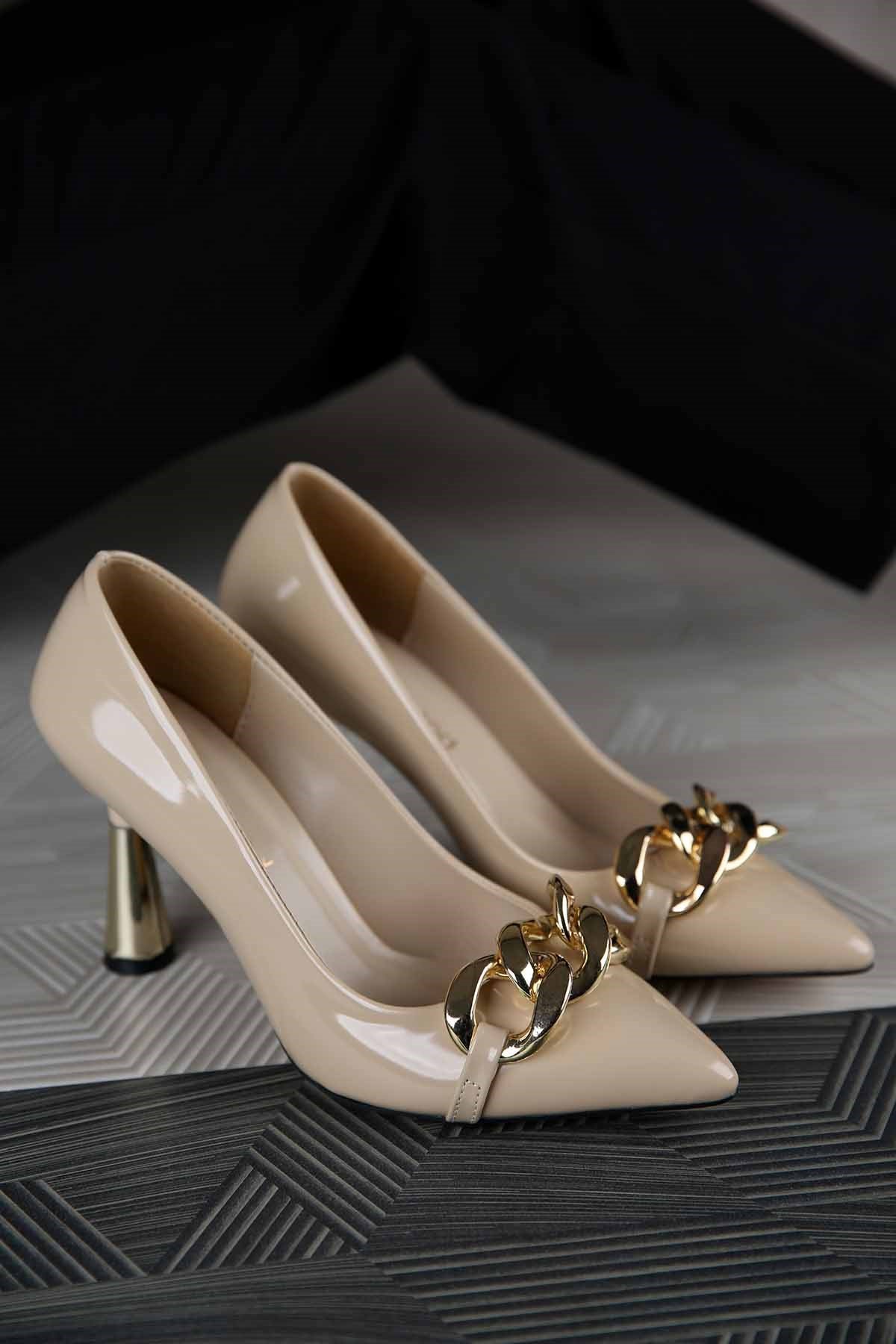 Kadın Zincirli Topuklu Ayakkabı BEJ RUGAN - Görsel 8