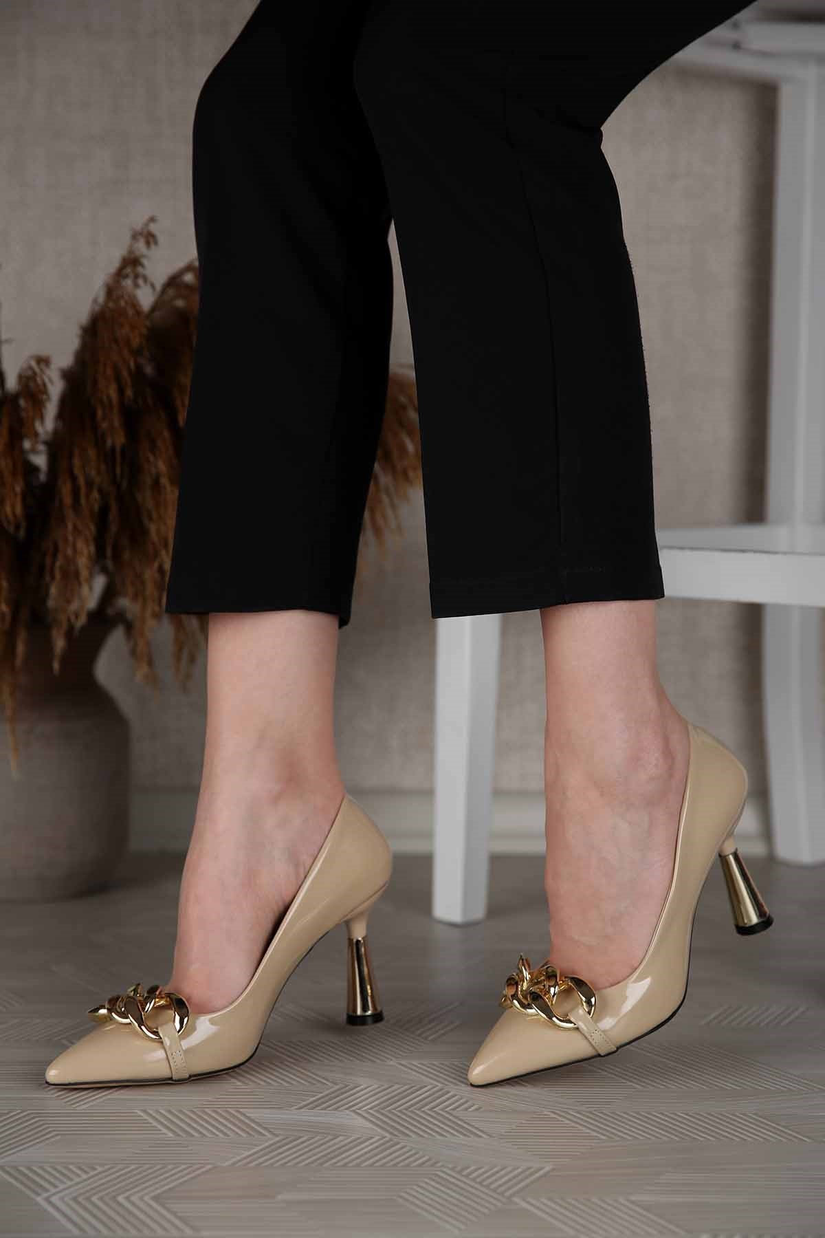 Kadın Zincirli Topuklu Ayakkabı BEJ RUGAN - Görsel 9