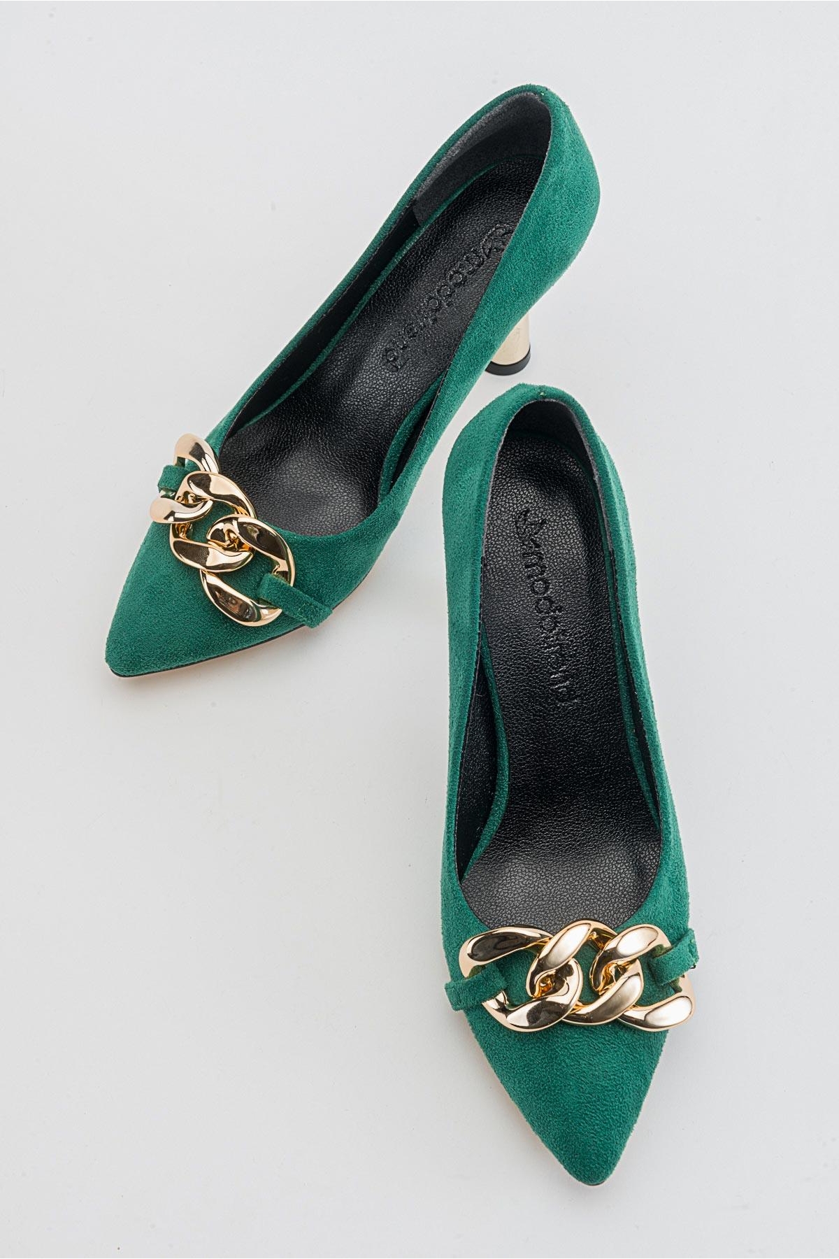 Kadın Zincirli Topuklu Ayakkabı ÇİMEN YEŞİLİ SÜET - Görsel 6