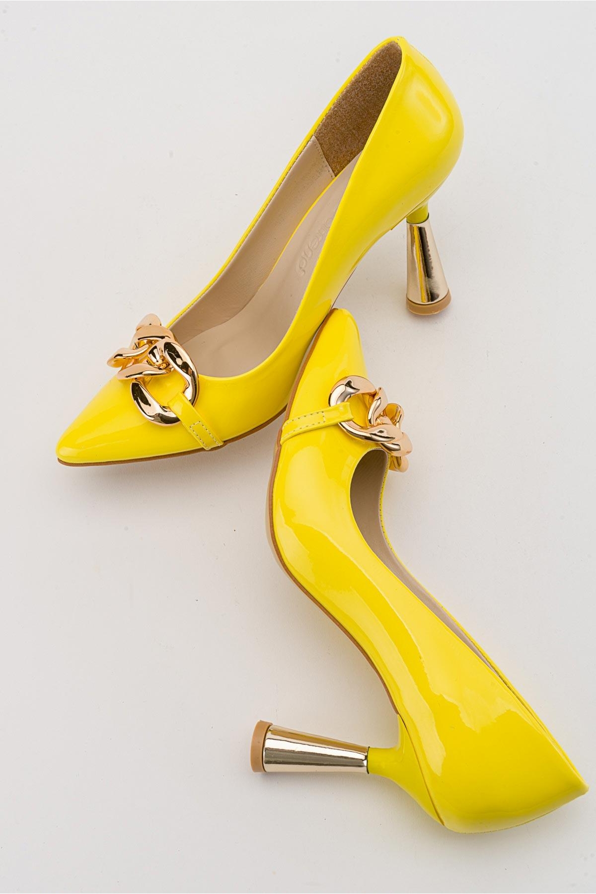 Kadın Zincirli Topuklu Ayakkabı SARI RUGAN - Görsel 7