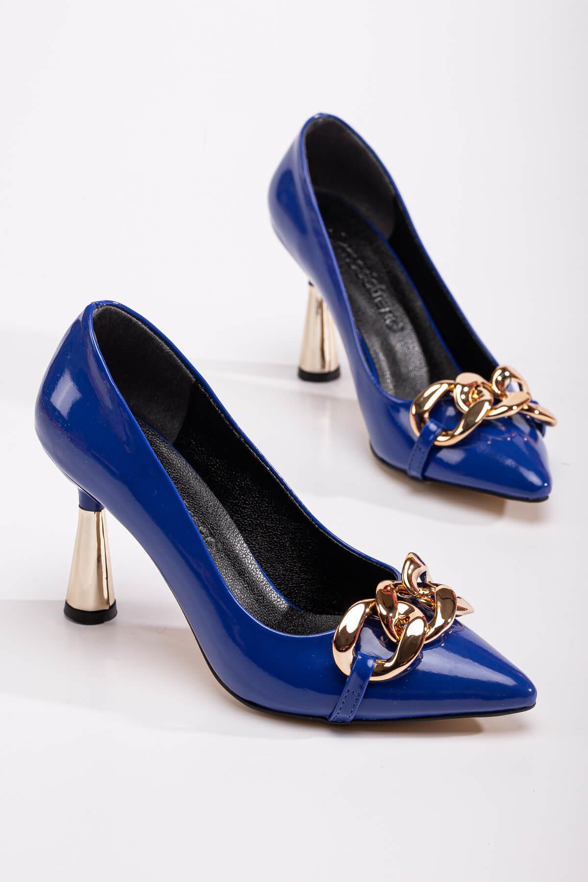 Kadın Zincirli Topuklu Ayakkabı SAX MAVİ RUGAN - Görsel 3