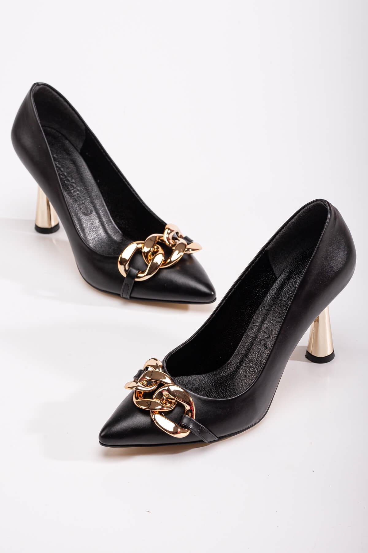Kadın Zincirli Topuklu Ayakkabı SİYAH CİLT - Görsel 4