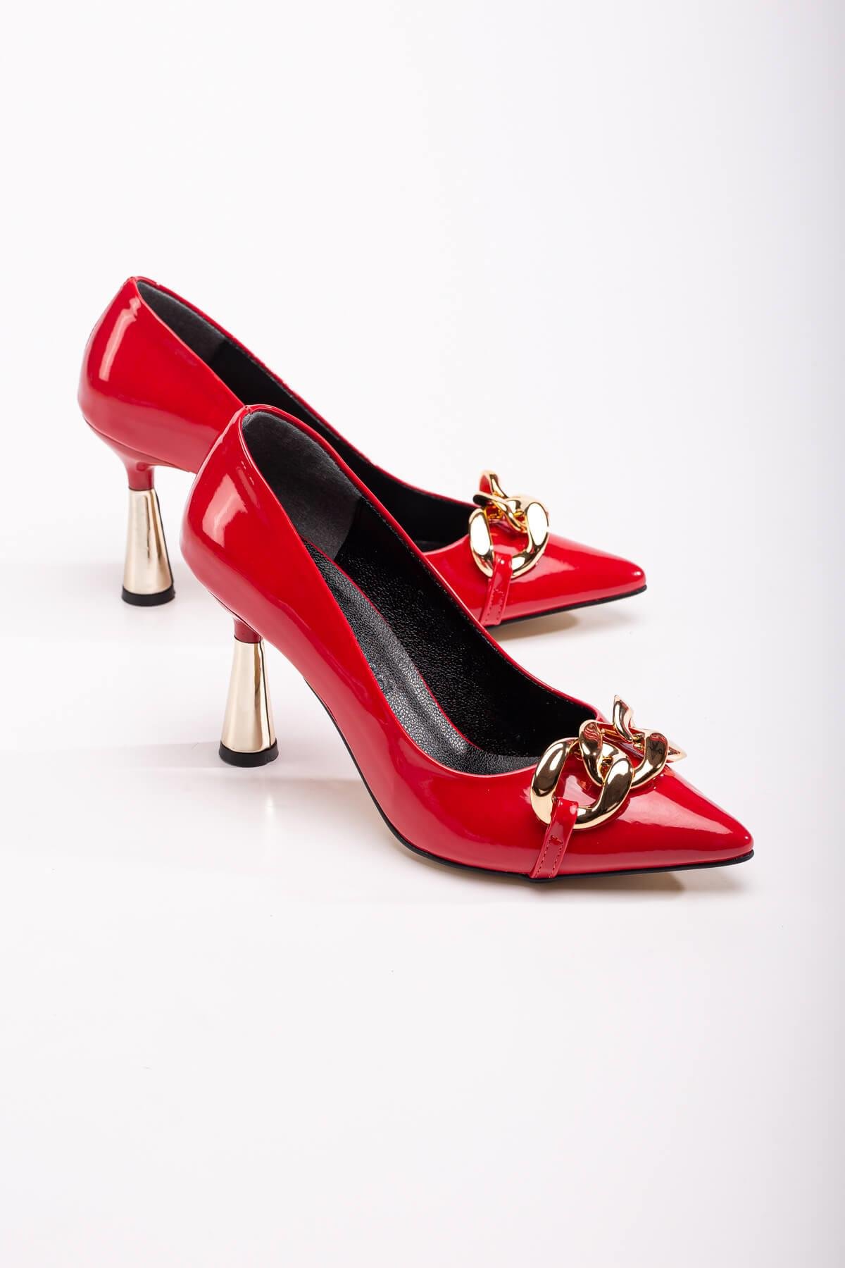 Kadın Zincirli Topuklu Ayakkabı KIRMIZI RUGAN - Görsel 2