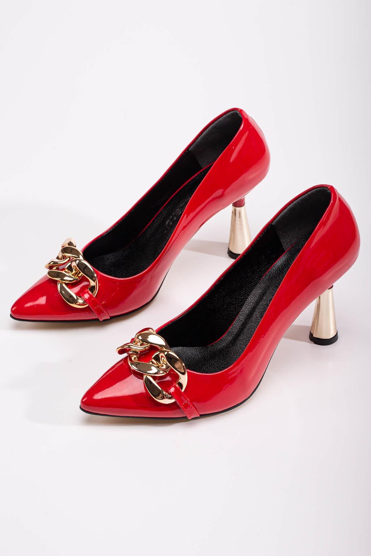 Kadın Zincirli Topuklu Ayakkabı KIRMIZI RUGAN - Görsel 3