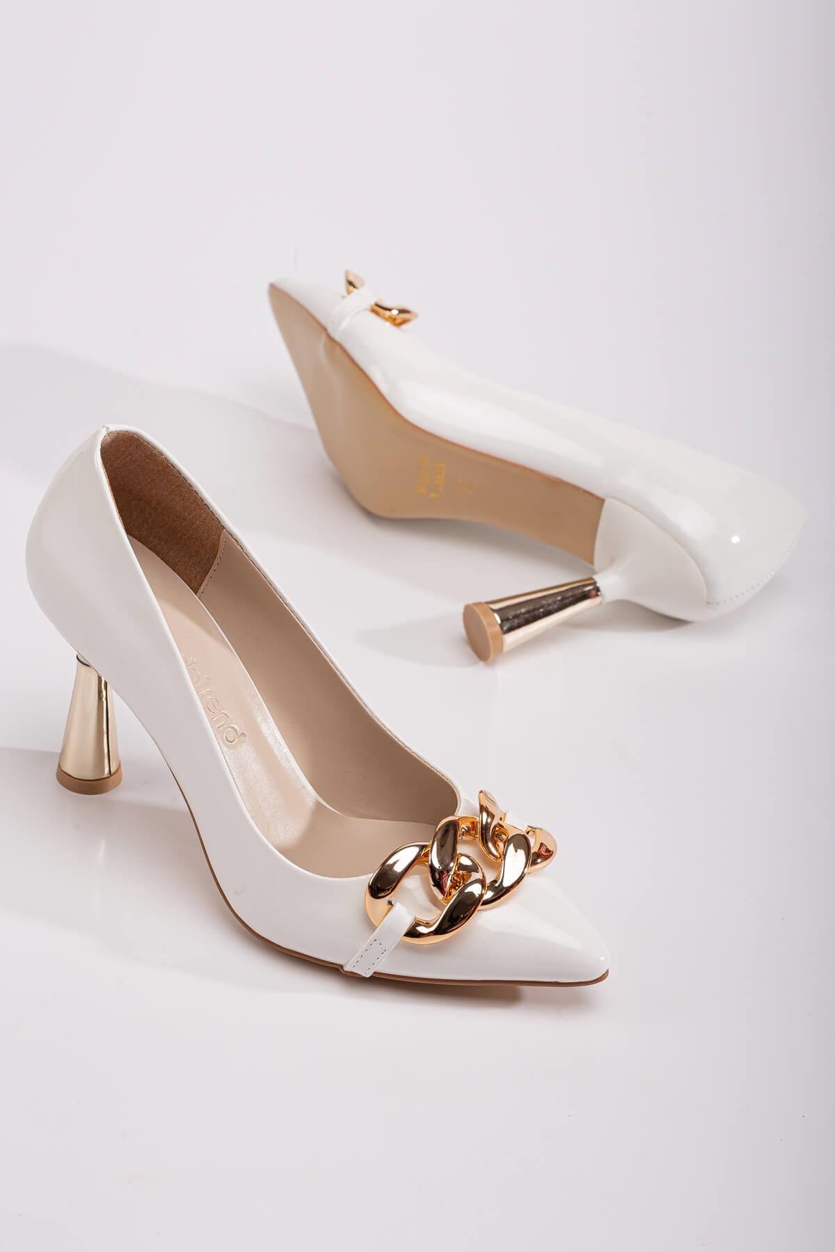 Kadın Zincirli Topuklu Ayakkabı BEYAZ RUGAN - Görsel 4