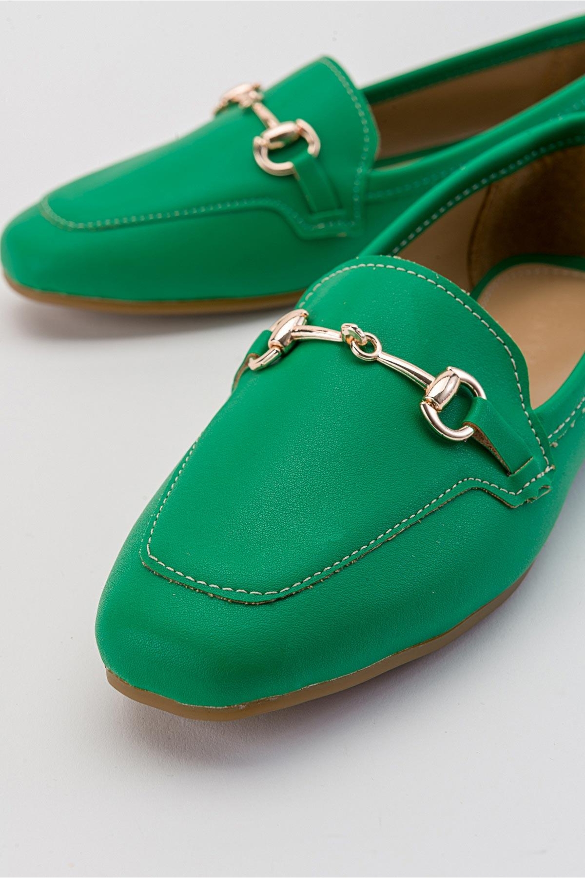 Tokalı Kadın Loafer Ayakkabı ÇİMEN YEŞİLİ CİLT - Görsel 4