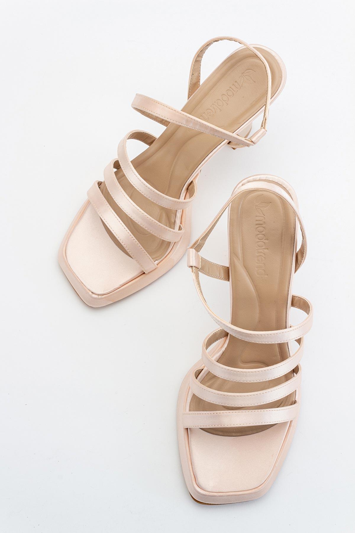 3 Biyeli Platformlu Kadın Topuklu Sandalet TEN SATEN - Görsel 6