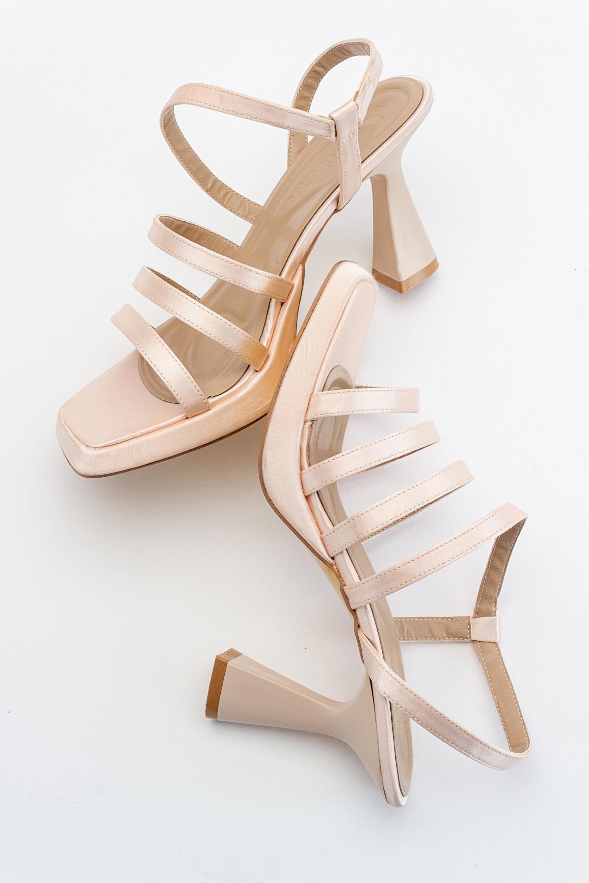 3 Biyeli Platformlu Kadın Topuklu Sandalet TEN SATEN - Görsel 7