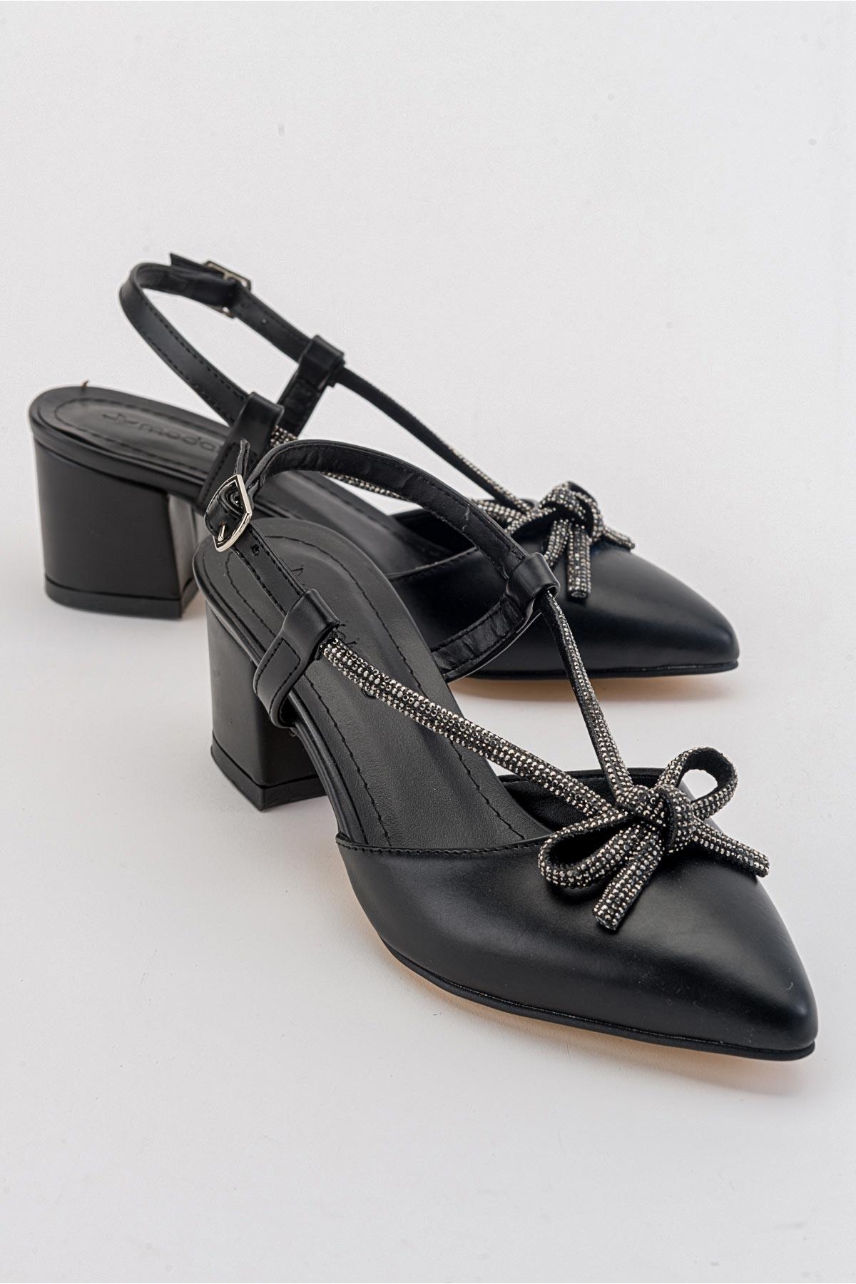 Fiyonk Taşlı Kadın Topuklu Sandalet SİYAH CİLT - Görsel 2