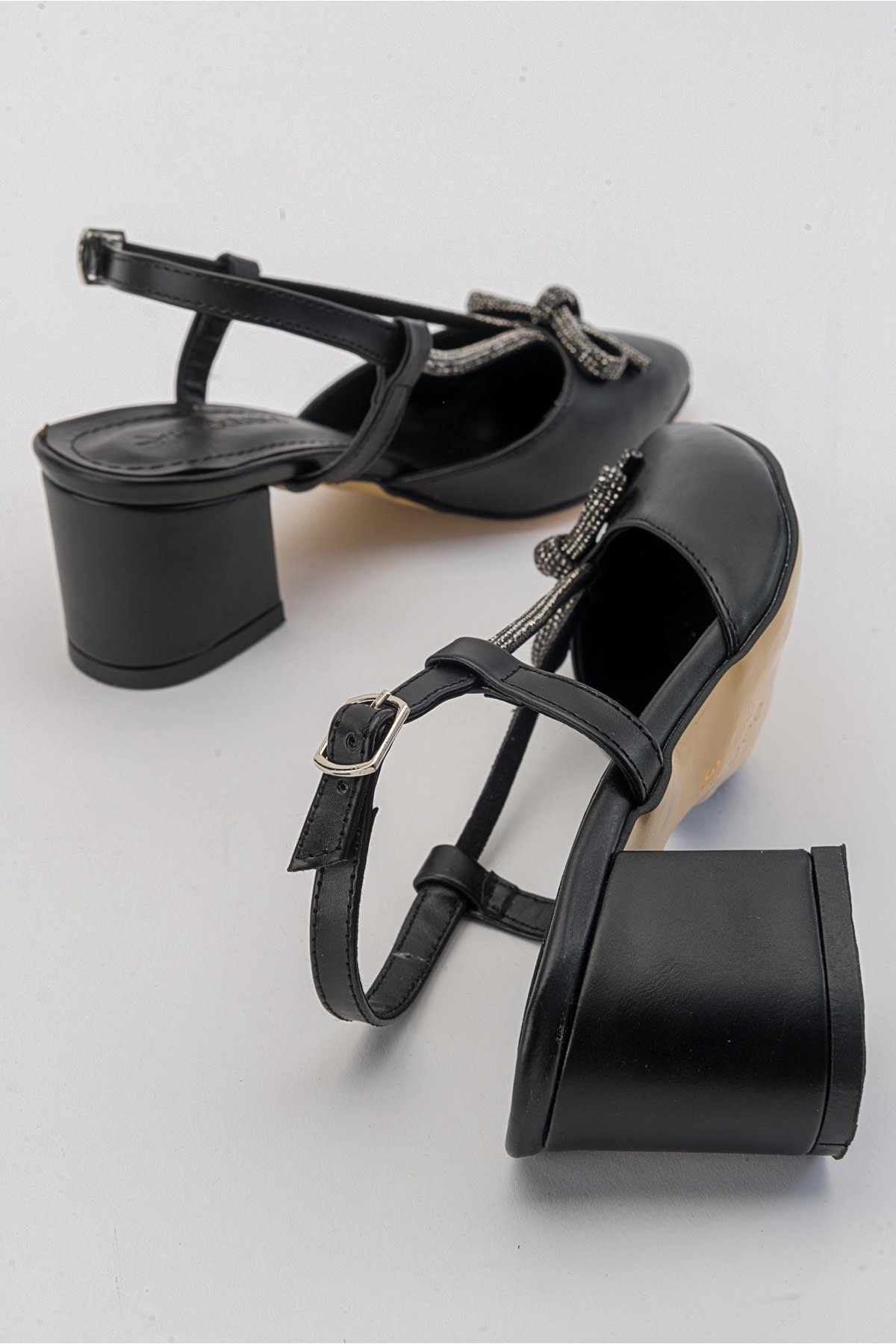 Fiyonk Taşlı Kadın Topuklu Sandalet SİYAH CİLT - Görsel 5