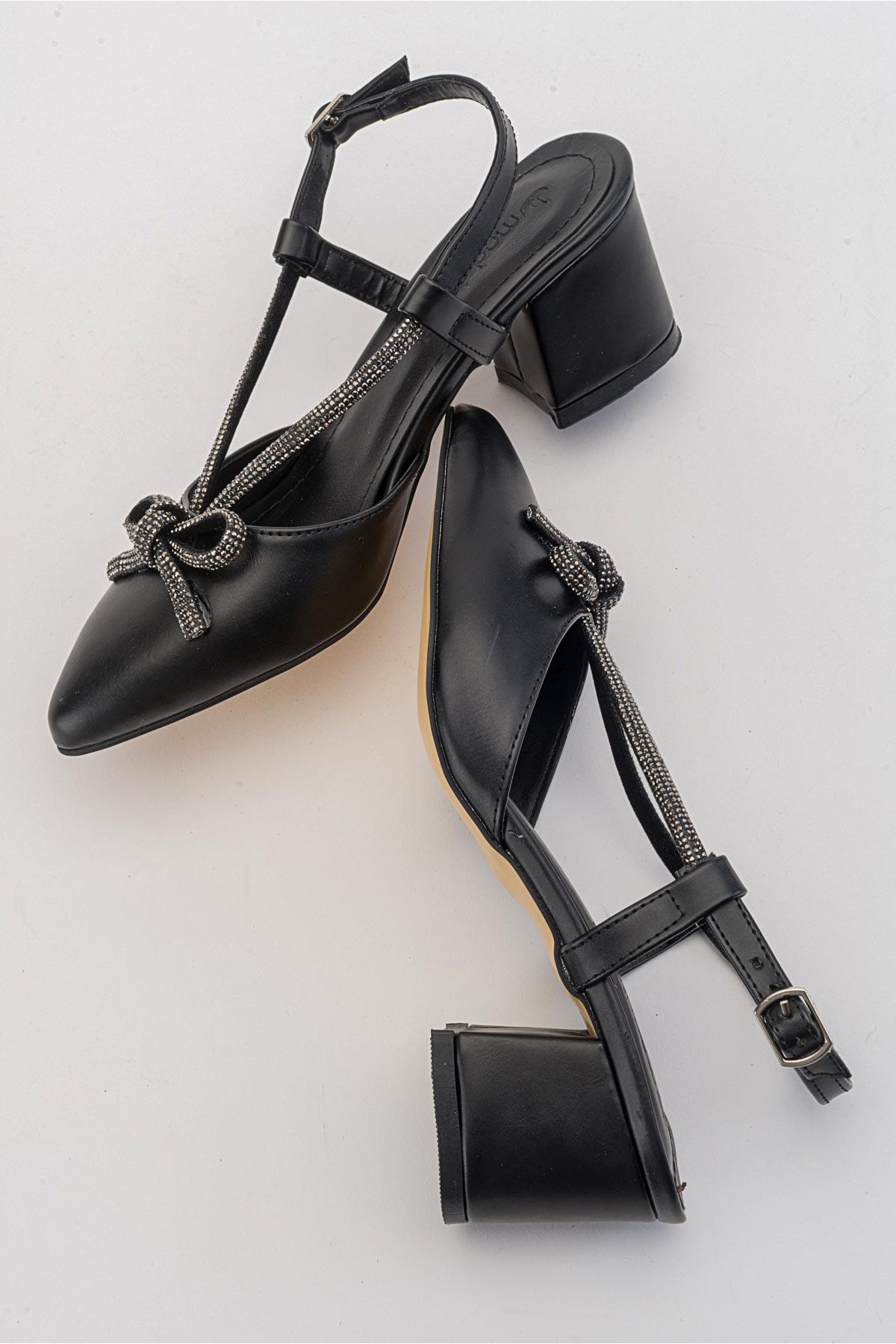 Fiyonk Taşlı Kadın Topuklu Sandalet SİYAH CİLT - Görsel 7