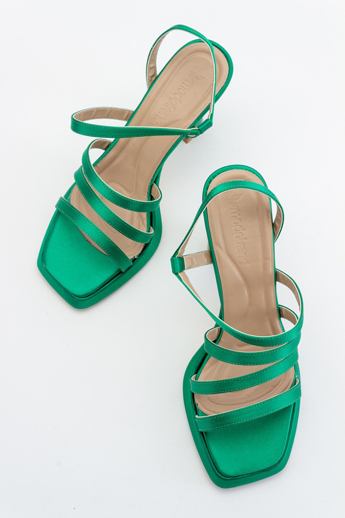 3 Biyeli Platformlu Kadın Topuklu Sandalet ÇİMEN YEŞİLİ SATEN - Görsel 6