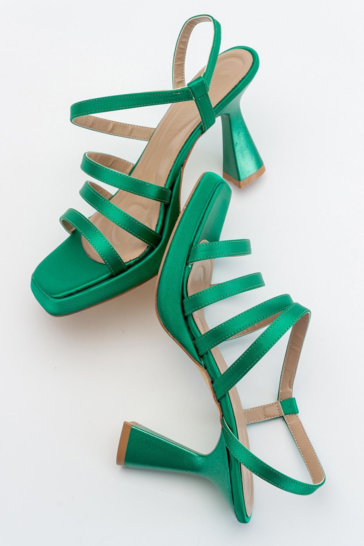 3 Biyeli Platformlu Kadın Topuklu Sandalet ÇİMEN YEŞİLİ SATEN - Görsel 7
