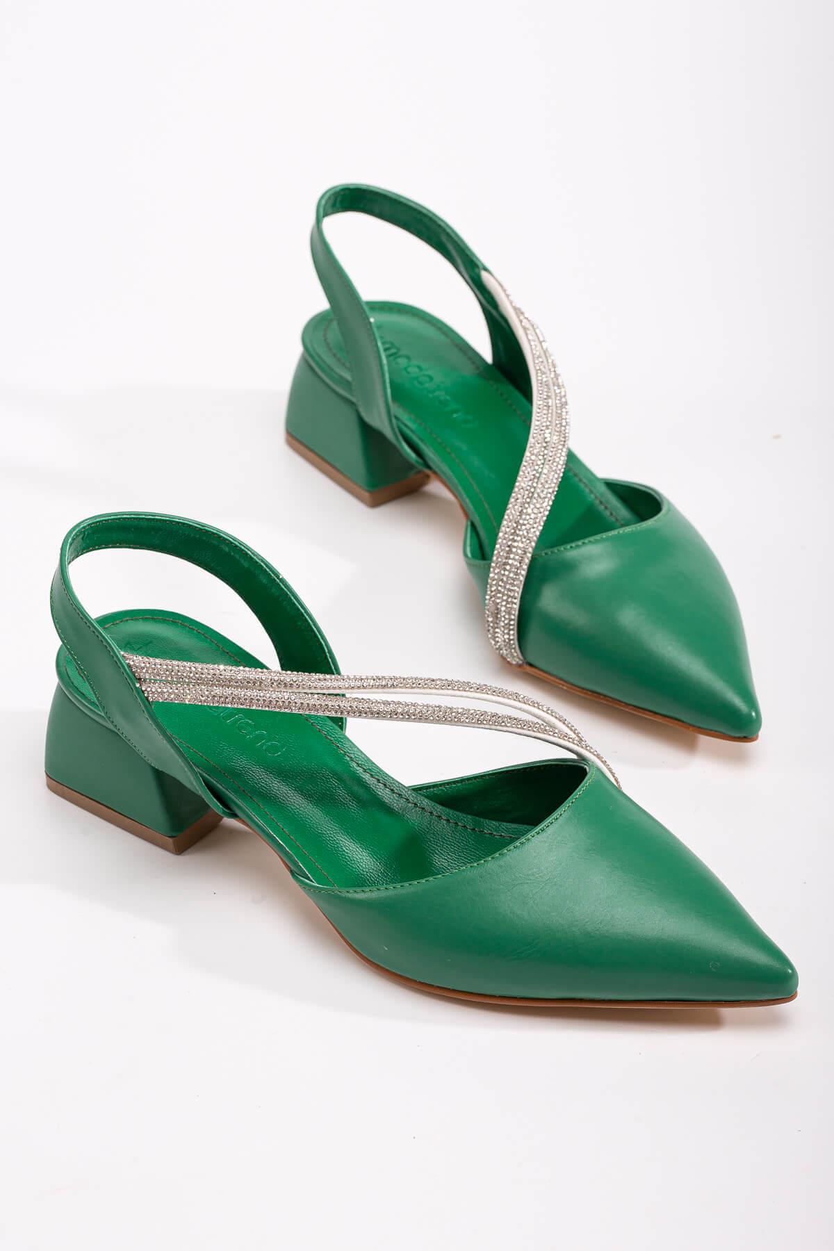 Çapraz Taşlı Kadın Topuklu Sandalet ÇİMEN YEŞİLİ CİLT - Görsel 3
